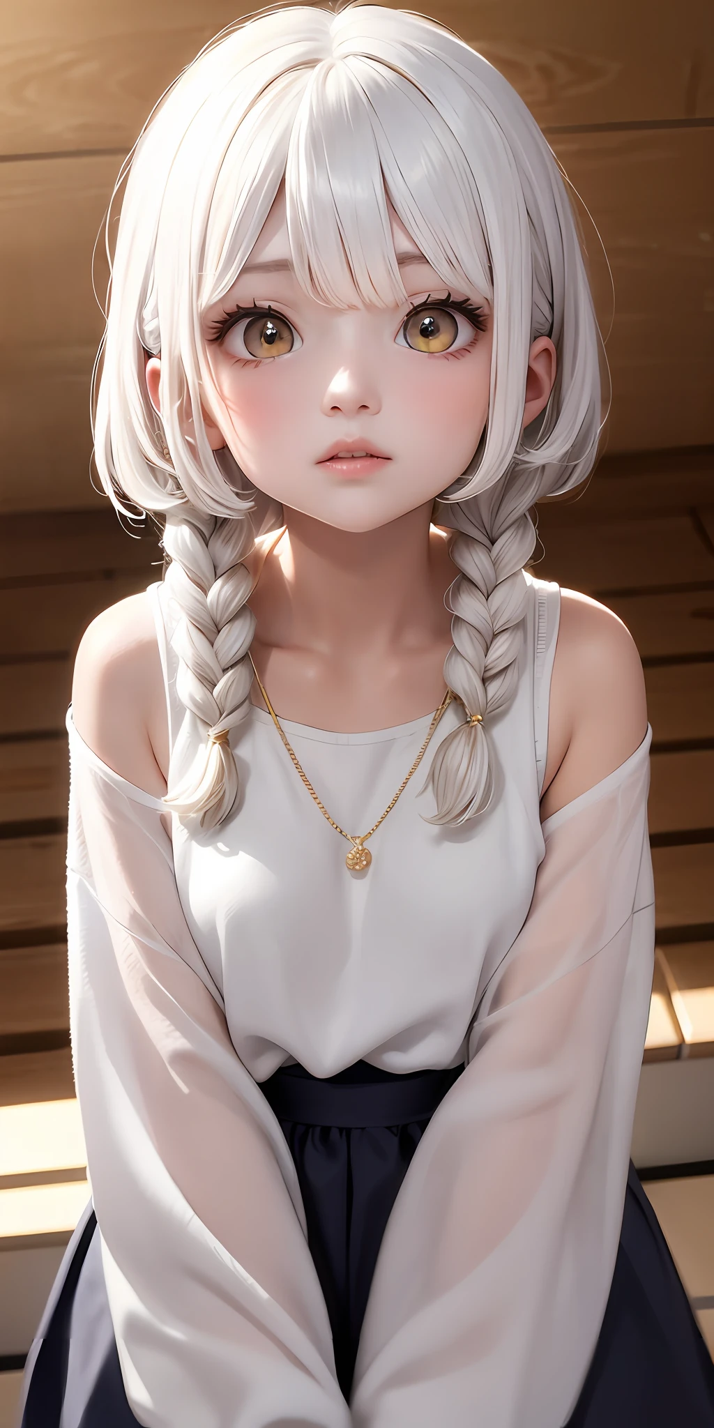 best quality, masterpiece,white hair, gold eyes,white clothes, looking up, upper body,hair strand,Fair skin,side braids