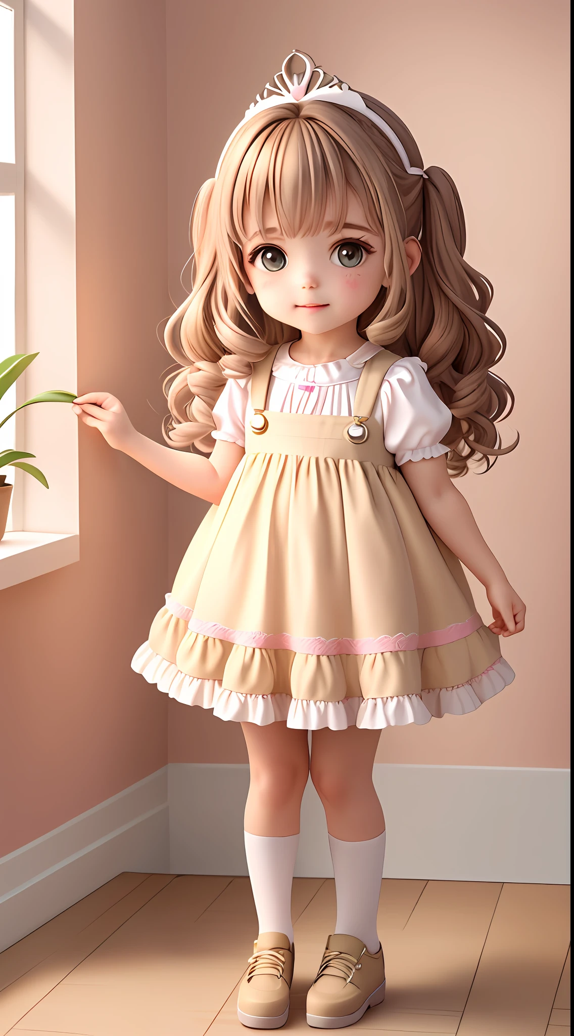 (Extremamente detalhado CG Unity 8k papel de parede, obra-prima, melhor qualidade, super detalhado), (cabelos marrons) (best ilumination, melhor sombra, extremamente delicado e bonito), flutuando, cabelo de rabo  full body cute child, feliz,  brown hair pet, cupcake, pastel hues. Beige overalls, tiara