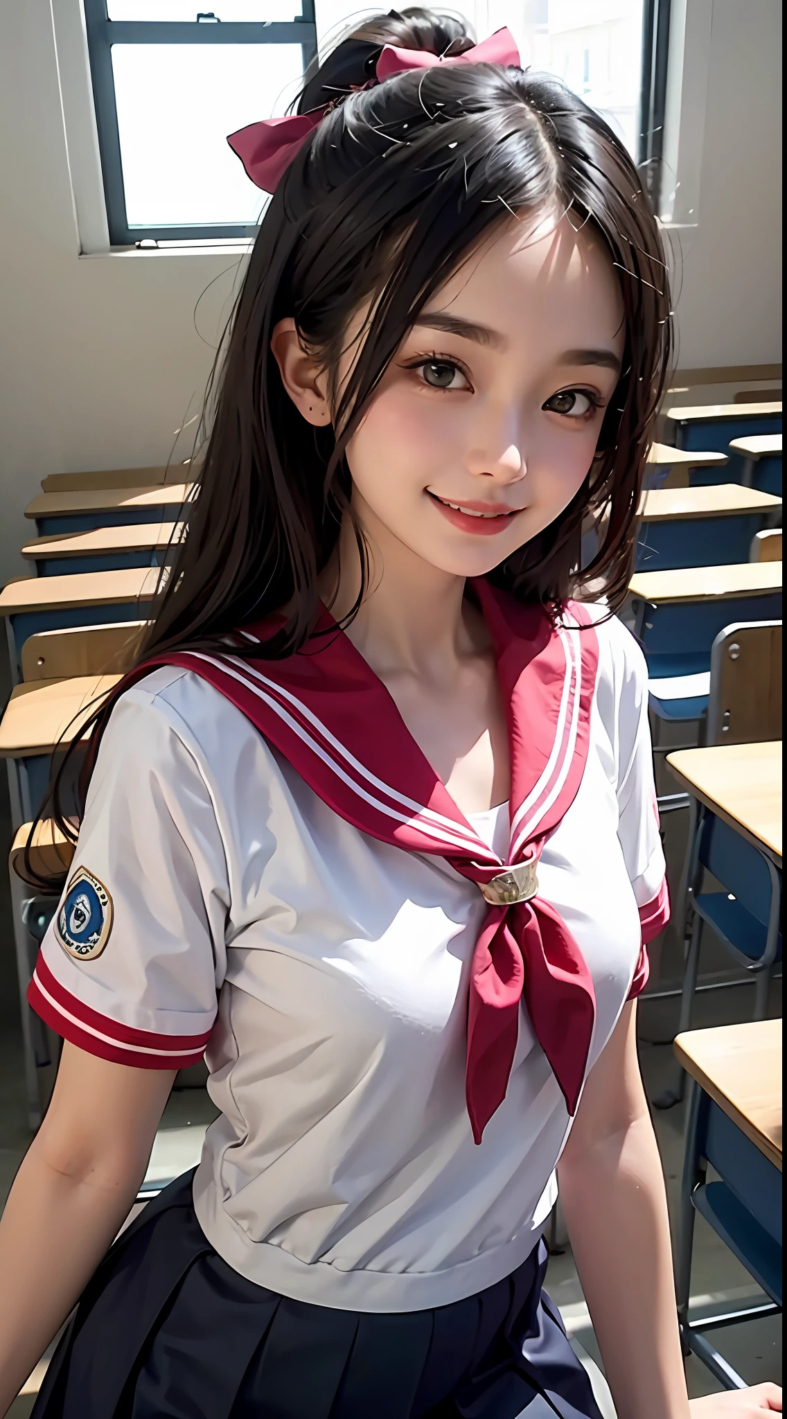 Classroom,1girll,double tails,Black hair,Flying,White sailor suit and blue skirt,pink bows,16-year-old female model,Smile,