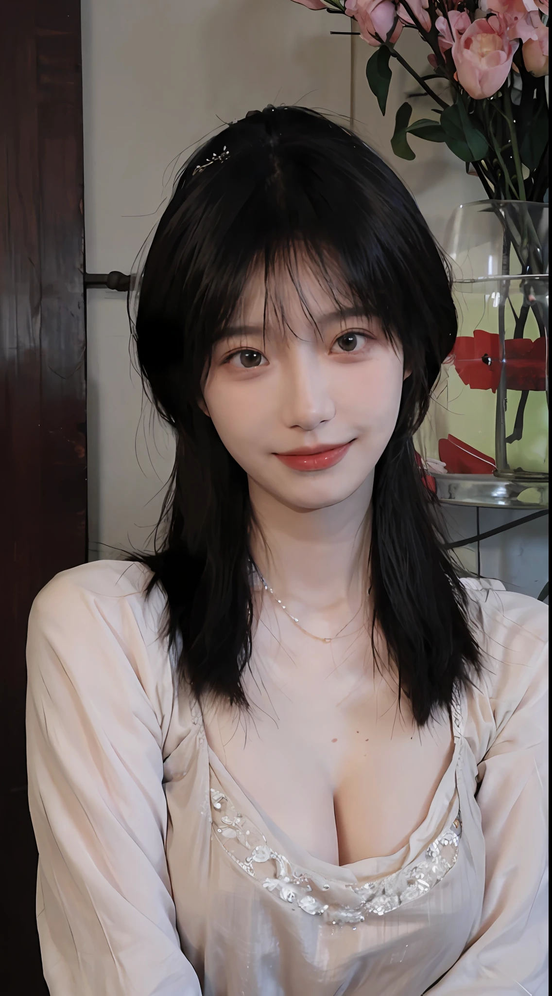 best qualtiy, 超高分辨率, (realisticlying:1.4),cute hairpin,Baoyu Girl,Stand in the wedding hall,(flatchest:1.2) ,A pair of clear and moving peach blossom eyes,Royal Sister,sunshine on face,Big wavy hairstyle,(choker necklace:1.2),(Fair skin:1.4),a sense of atmosphere,a beauty girl, ssmile,head straight-looking at viewer, closeup cleavage ,(Photorealistic:1.4),1girll,Sexy,(Upper body:1.4),(Wet body),(:1.2)