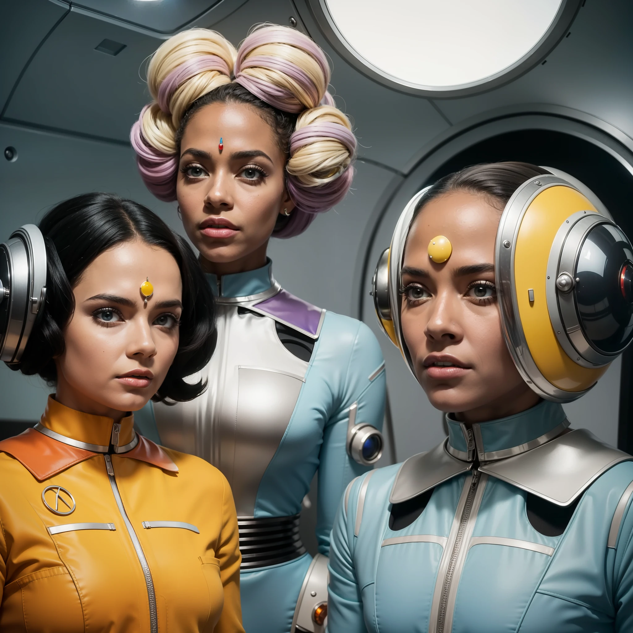 4k image of a 1960s science fiction film by Stanley Kubrick, Filme O Grande Hotel Budapeste, pastels colors, Black woman in the background and two people wearing retrofuturistic alien masks and holding colorful suitcases and chests on the bus, Retro-futuristic fashion clothes from the 60s with old robots, Luz Natural, Psicodelia, futurista estranho, retro-futurista, photo-realistic, Sharp background details.