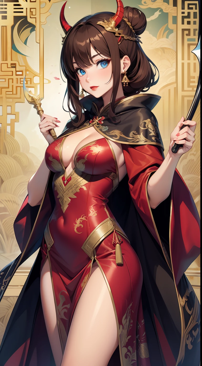 Adult woman, brown hair in bun, dragon horns, blue eyes, red chinese dress, cloak, spear, dragon, Gold inserts, red lipstick, Masterpiece, hiquality