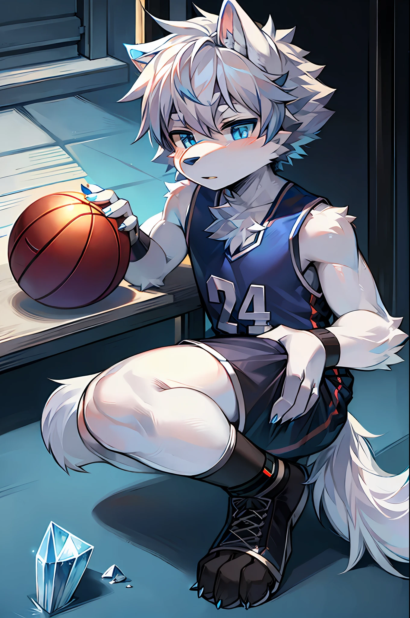Furry,Wolf boy,White fur,crystal blue eyes,Single fluffy tail,greyt hair,short detailed hair,wearing basketball outfit