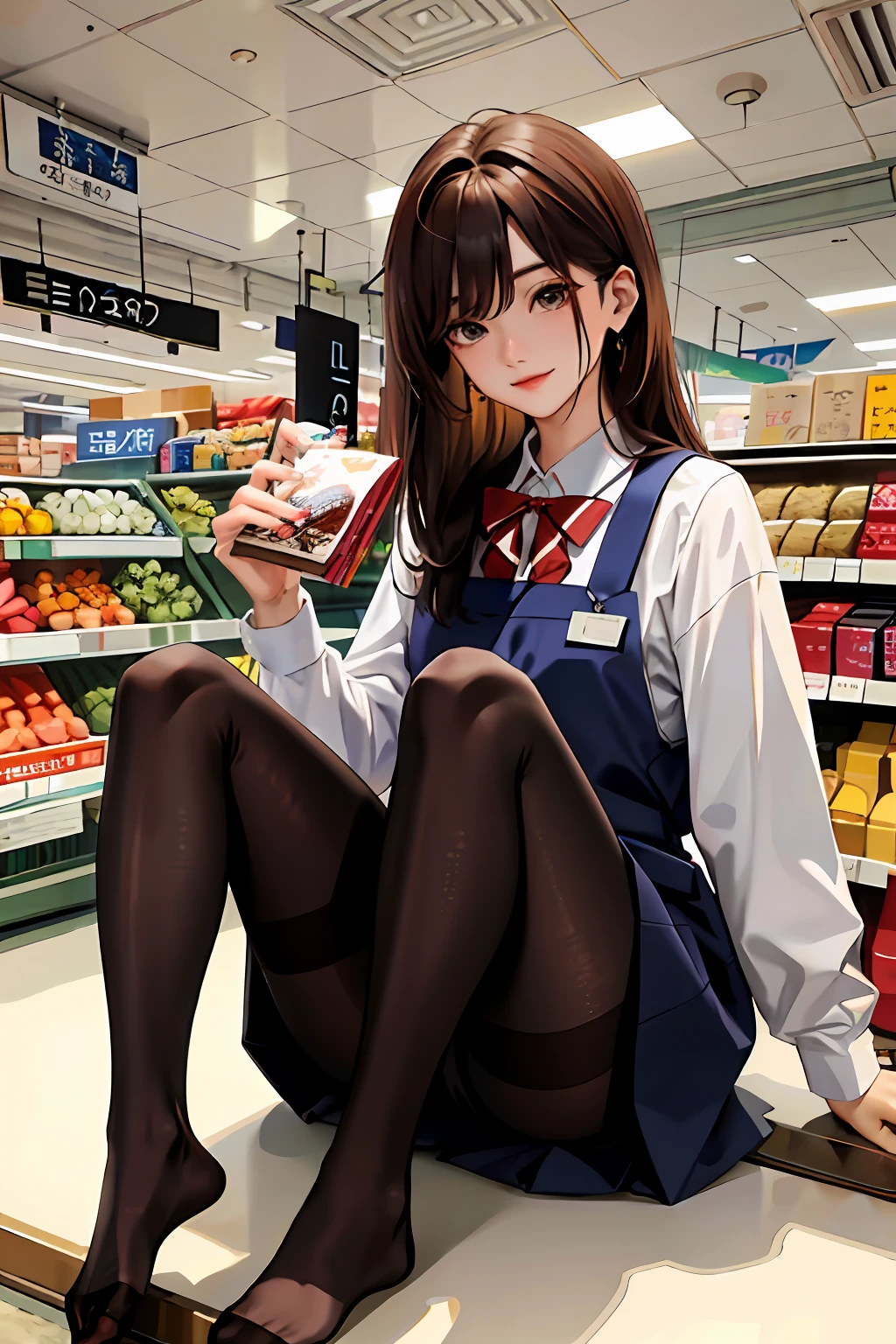 (tmasterpiece:1.2, Need), (Realphotos, Crafted with meticulous precision), 独奏, 1lady， Brown-haired，long whitr hair， Korea，salesman，Black pantyhose，feet focus，supermarket