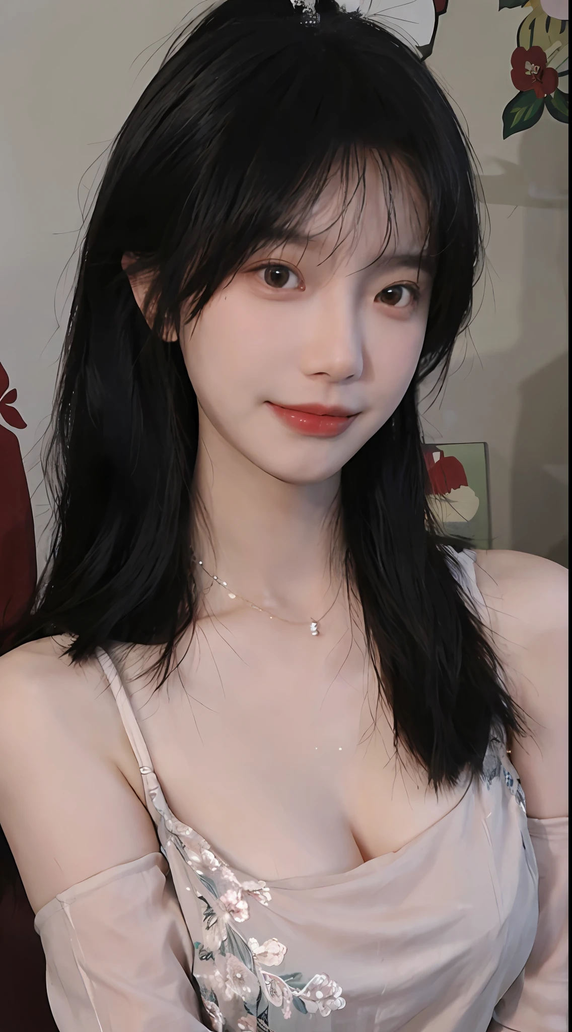 best qualtiy, 超高分辨率, (realisticlying:1.4),cute hairpin,Baoyu Girl,Stand in the wedding hall,(flatchest:1.2) ,A pair of clear and moving peach blossom eyes,Royal Sister,sunshine on face,Big wavy hairstyle,(choker necklace:1.2),(Fair skin:1.4),a sense of atmosphere,a beauty girl, ssmile,head straight-looking at viewer, closeup cleavage ,(Photorealistic:1.4),1girll,Sexy,(Upper body:1.4),(Wet body),(:1.2)
