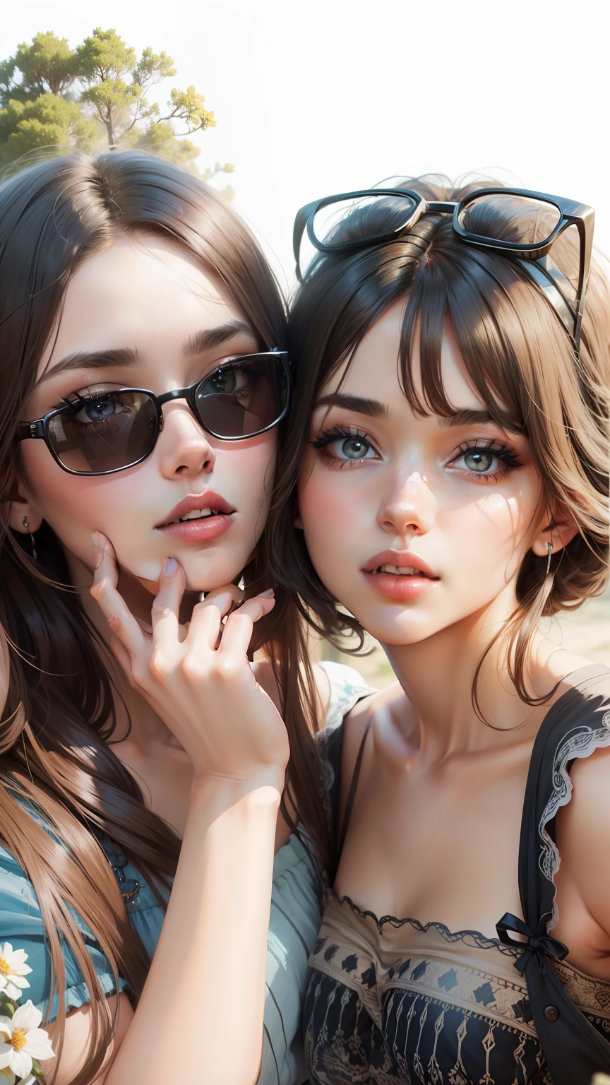 Two women with sunglasses posing for a picture in a field - SeaArt AI