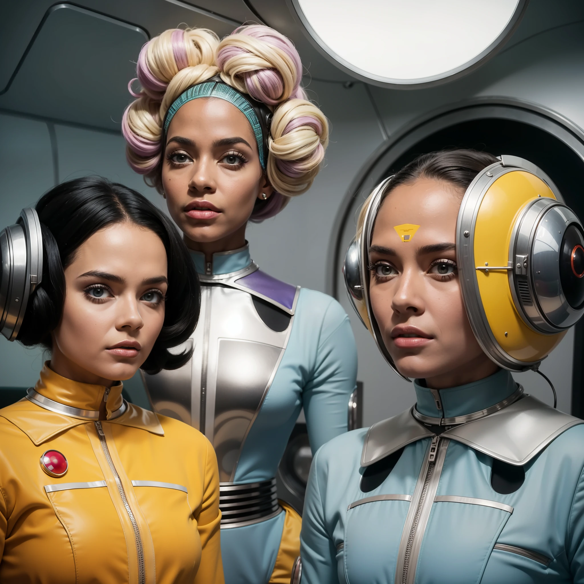 4k image of a 1960s science fiction film by Stanley Kubrick, Filme O Grande Hotel Budapeste, pastels colors, Black woman in the background and two people wearing retrofuturistic alien masks and holding colorful suitcases and chests on the bus, Retro-futuristic fashion clothes from the 60s with old robots, Luz Natural, Psicodelia, futurista estranho, retro-futurista, photo-realistic, Sharp background details.