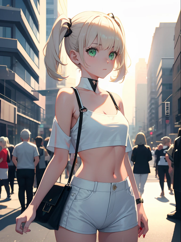 tmasterpiece， best qualtiy， NSFW， 1girll， platinum blond hair， short detailed hair， Green eyes， pigtails， Small lively breasts， Have on the street， the night， neonlight， white t - shirt， no-bra， Black pantsuit， Poker face， up front view， standing on your feet， in crowd，fully body photo