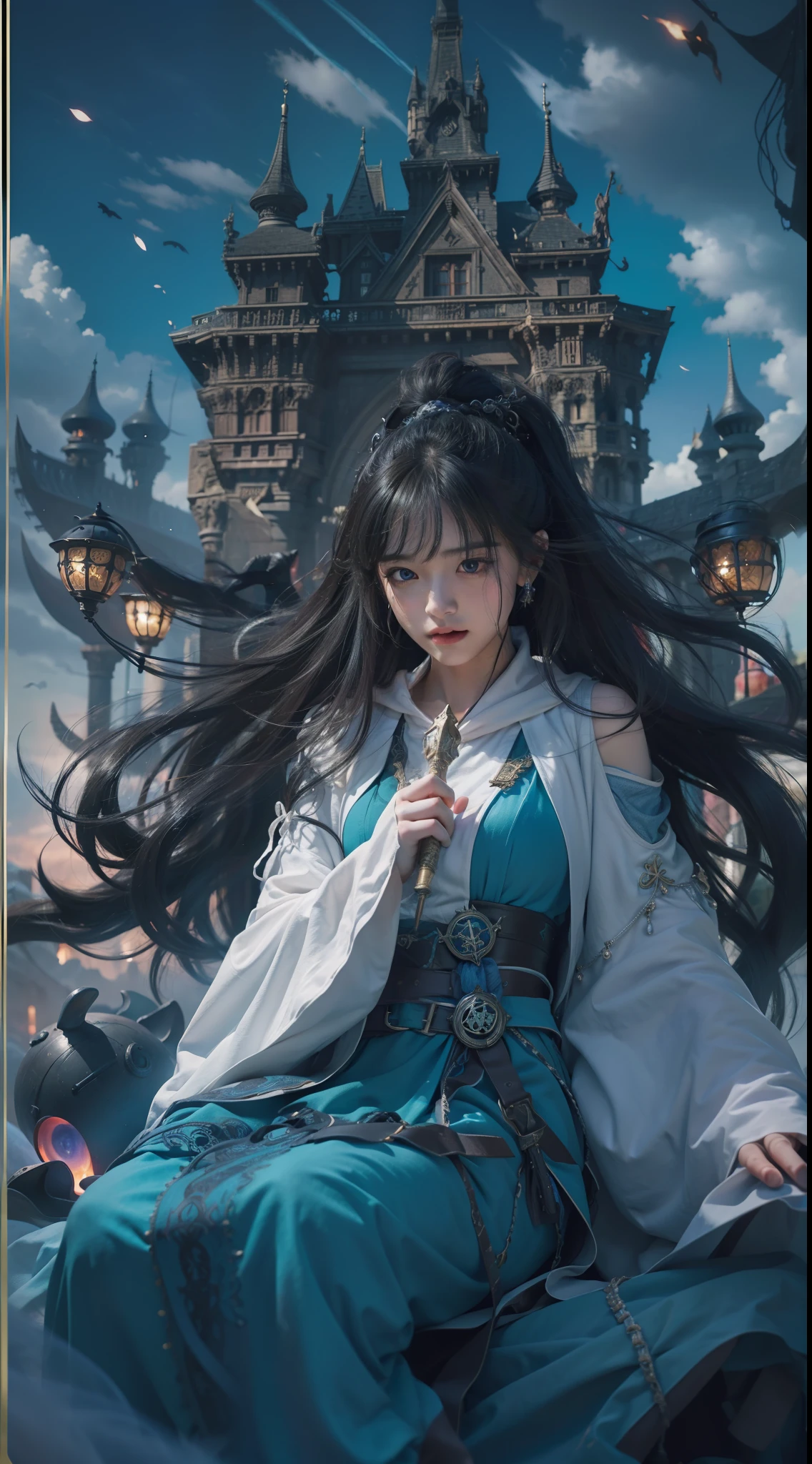 Above the rising clouds,Night, Dark, (Fantasy),infinite,deep blue sky,The abyss of knowledge,Cowledge,((masutepiece)), (((Best Quality))),((Beautiful fine eyes)),(Eye lashes)、Realistic clouds、Very beautiful face、The ultra -The high-definition、high fantasy castle、beautiful Girl、(女の子1人)、Black hair、The long-haired、abyss eyes、glowy skin、oils、small tits、Perfect human body structure、Wizard robes、der riese、tattered cloth、Realistic coat、Teenchi、Super delicate CG Unity 32k wallpaper、photoRealstic、masterpiece, ((ultra-detailliert)), ((illustratio)),colourfull,wall-paper,The energy,Unknown terror,Incomprehensible,Around the magic,Magical surroundings,magic wands,Boken,Flying pages,Know everything,Predict the future、Get to know the past、Infinite wisdom、blue flames、Warlock、magic circles、Pentagram、Spells、mantra、Singing magic