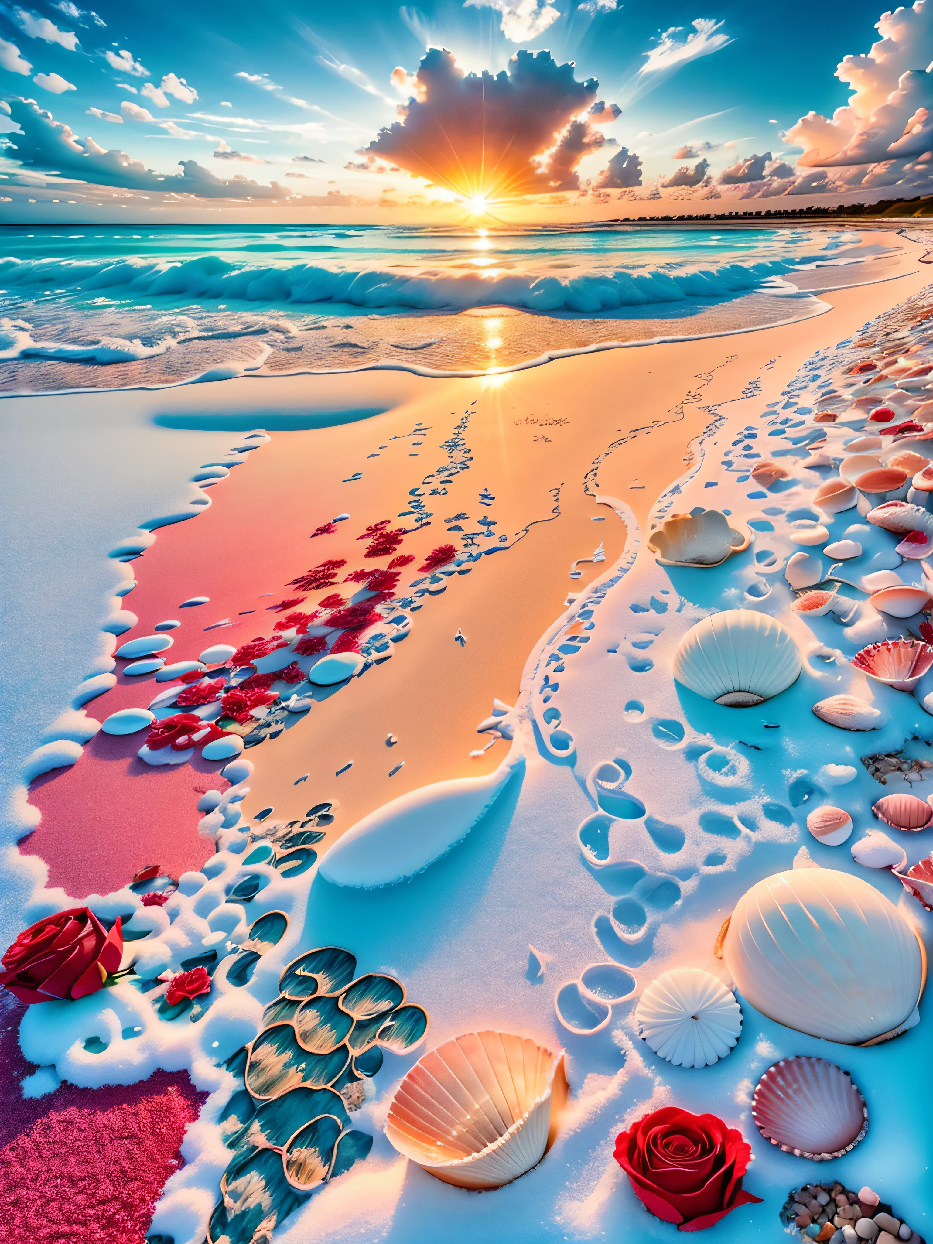 delicate scene,depth of field, 8K, The ivory sky,white clouds,and sunlight shine on the snow-white beach. The coral sea,and many colorful tinny shells on the beach,red roses, roses focus,