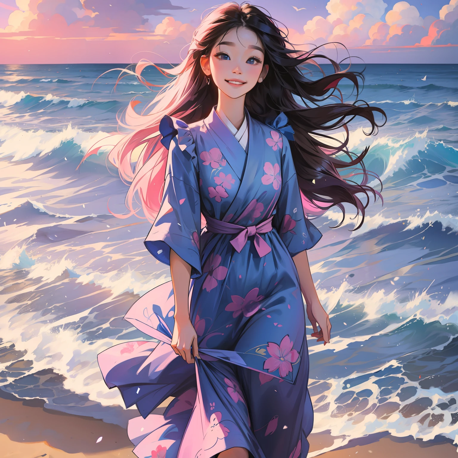 A girl with long hair,Wearing a blue floral dress,smiling and looking into the camera。She stood by the sea,The hair is blown by the wind,The background is a pink-purple sky。Please draw this scene in Miyazaki's style。