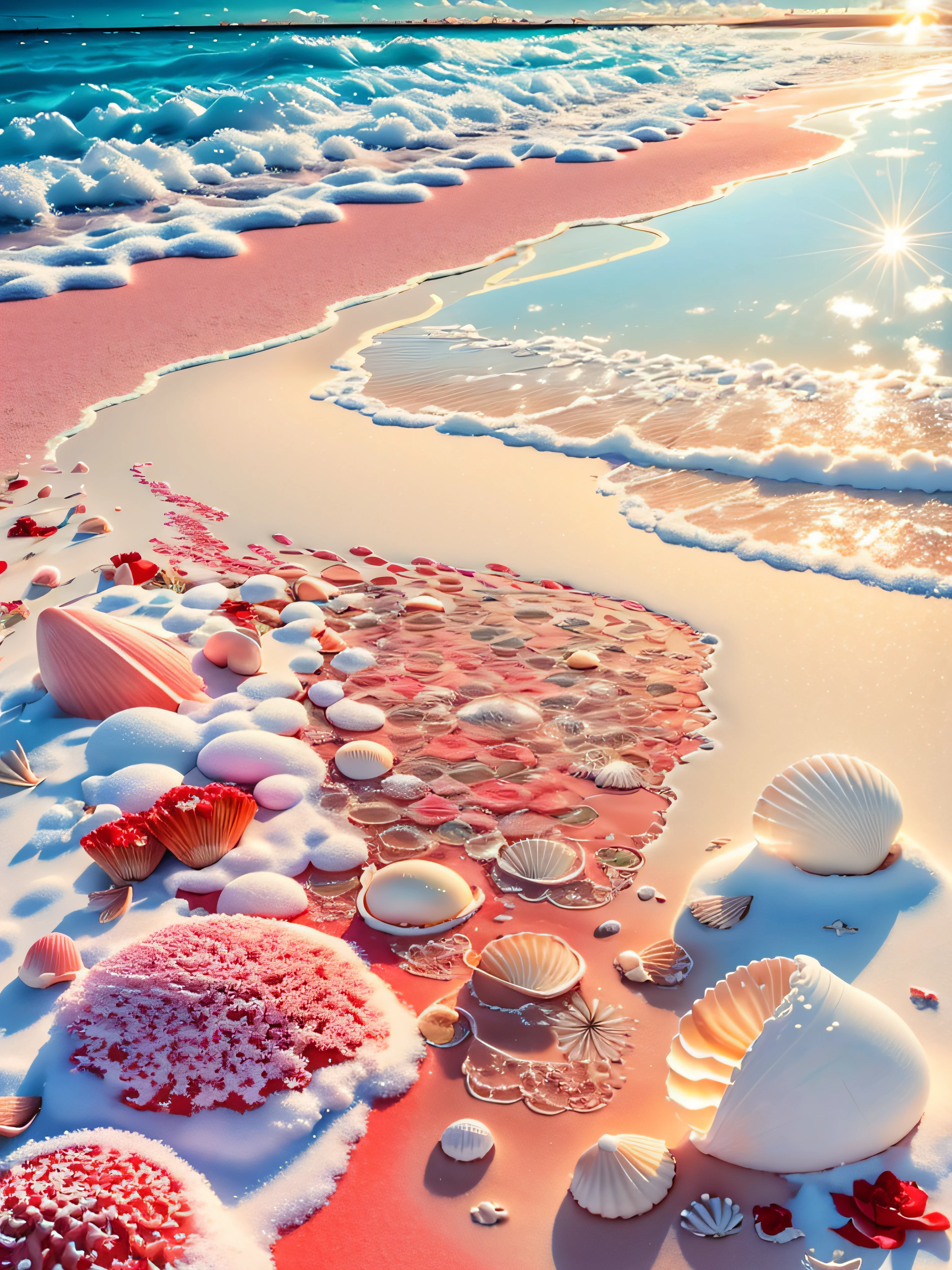 delicate scene,depth of field, 8K, The ivory sky,white clouds,and sunlight shine on the snow-white beach. The coral sea,and many colorful tinny shells on the beach,red roses, roses focus,