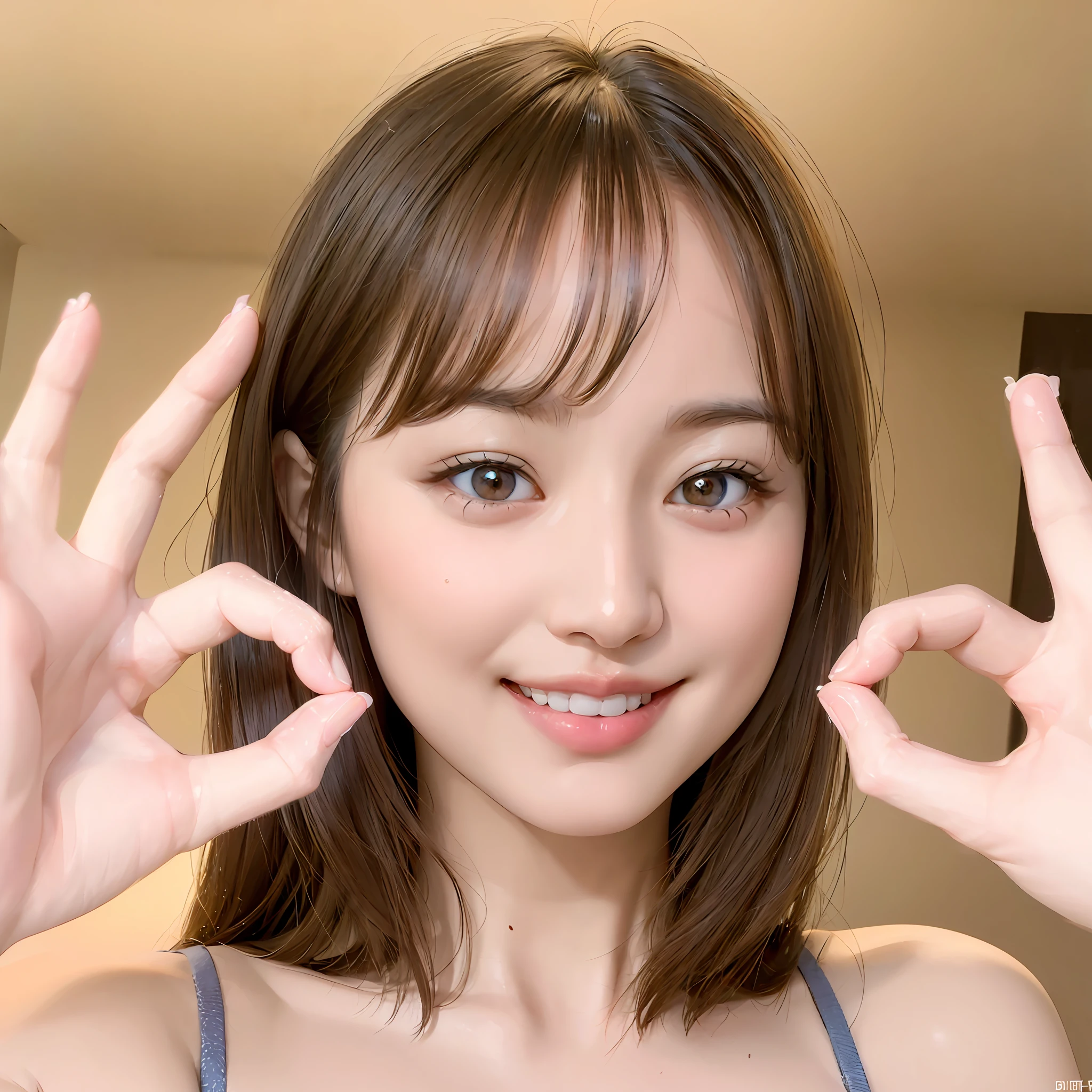 Alafed asian woman making peace sign by hand, 8K selfie photo, kawaii realistic portrait, realistic anime 3 d style, cute - fine - face, girl cute-fine-face, dilraba dilmurat, japanese facial features, Young adorable Korean face, clear cute face, 3 d anime realistic