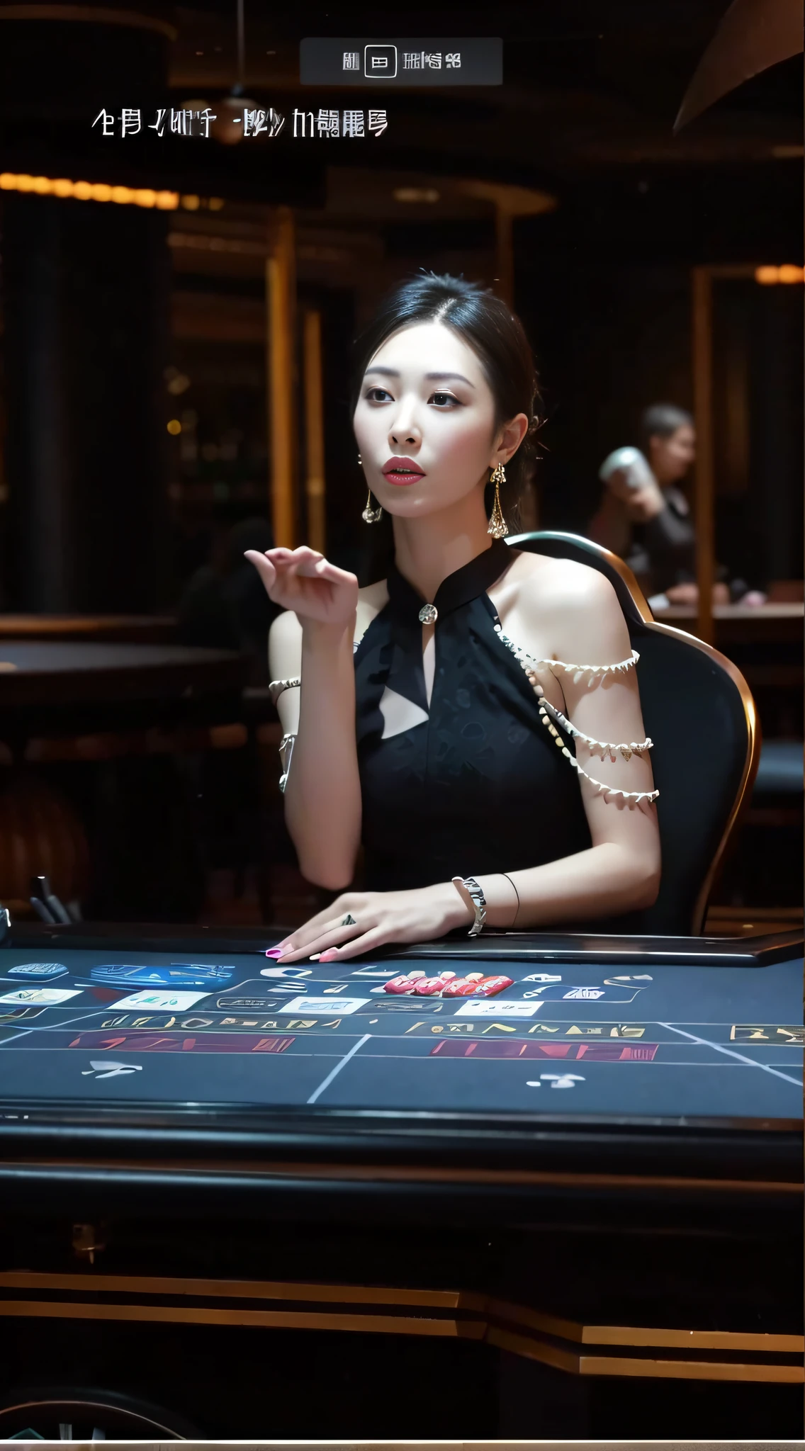 A woman in a black dress sits at a black table，Black roulette wheel in hand, casino, queen of the sea mu yanling, Lady, gambling, indoor casino, inside a casino, Gorgeous lady,