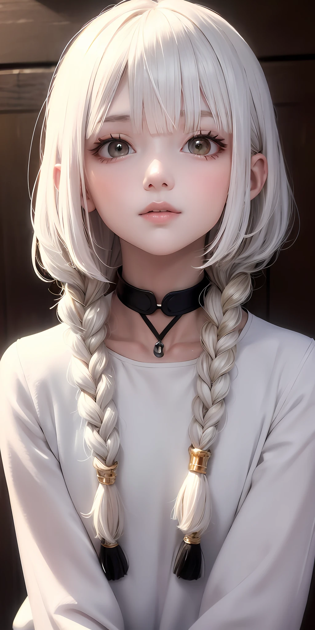 best quality, masterpiece,white hair, gold eyes,white clothes, looking up, upper body,hair strand,Fair skin,side braids