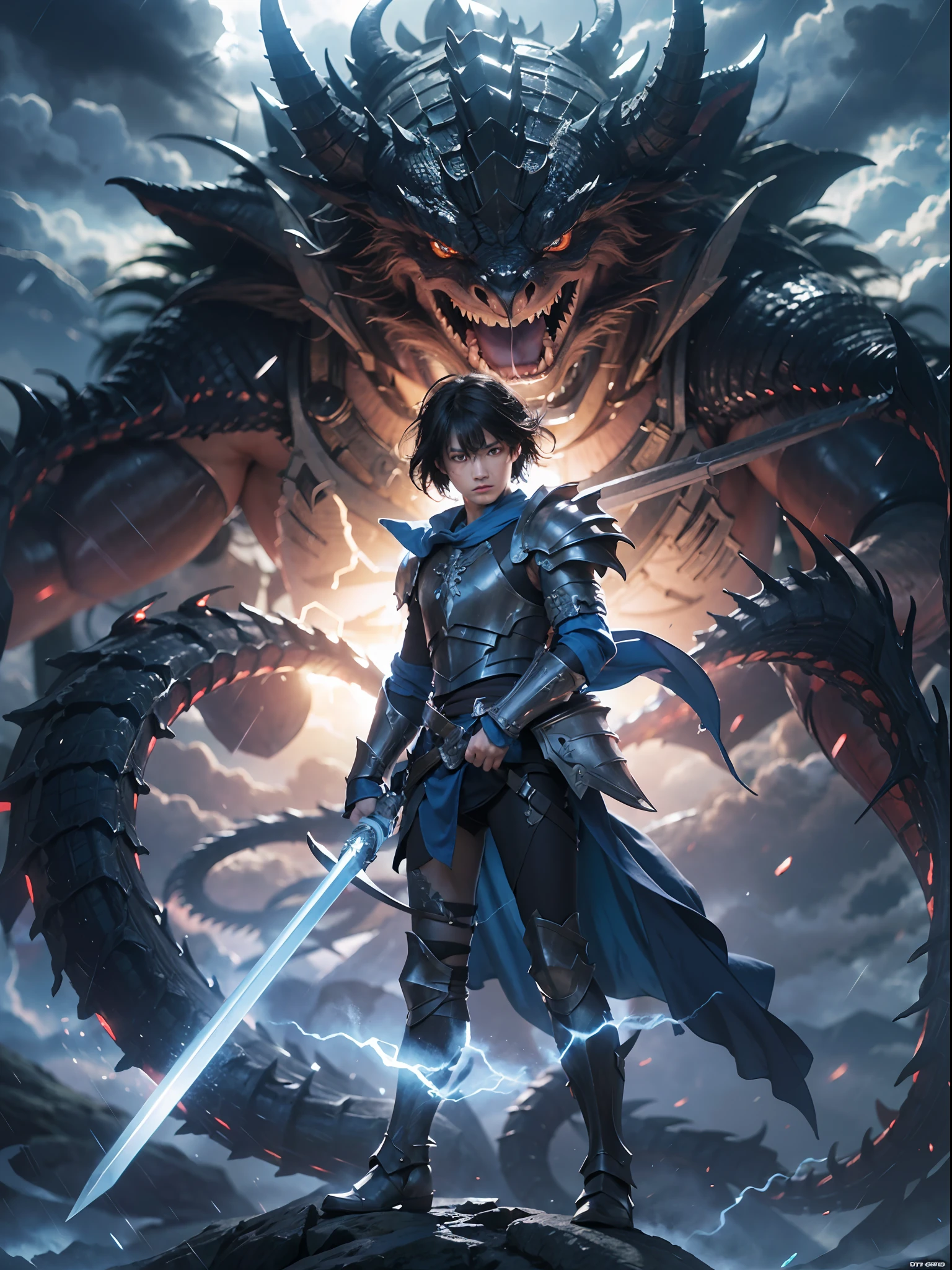 (masterpiece, absurdres, best quality, 8K, large masterpiece digital art, detailed manga illustration), perfect anatomy, (intricate details, ultra-detailed, illustration:1.3), (natural lighting, vivid colors:1.3),(((masterpiece))), (((best quality))), ((ultra-detailed)), (illustration), 1boy, black hair, big hair, tied hair, blue eyes, black sword, armor, holding weapon, holding sword, sword, armor , platinum metal with blue intricate fantasy ranger armor, 1 boy, facing gigantic monster, evil black dragon , looking at each other, fantasy setting, cloudy sky, cloud, wind , lightning, thunder, rain