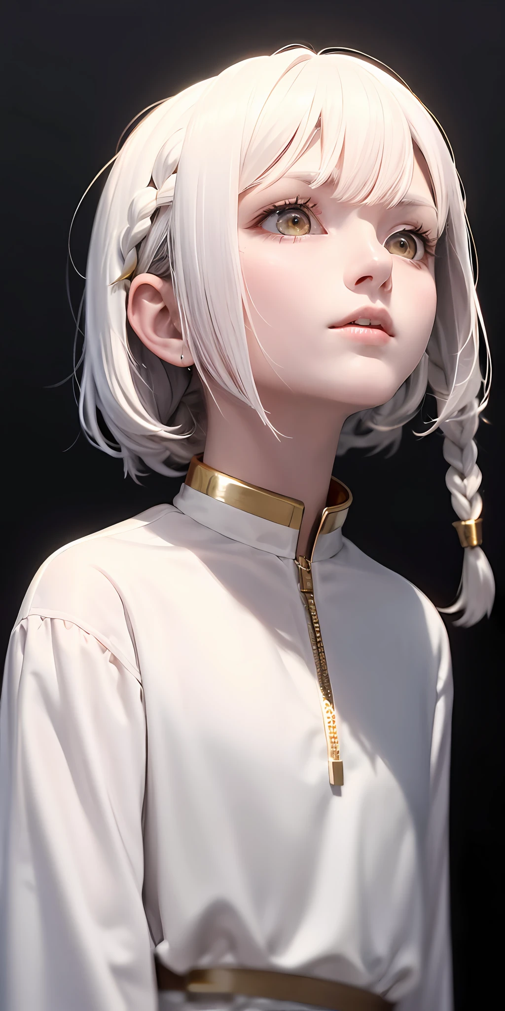best quality, masterpiece,white hair, gold eyes,white clothes, looking up, upper body,hair strand,Fair skin,side braids