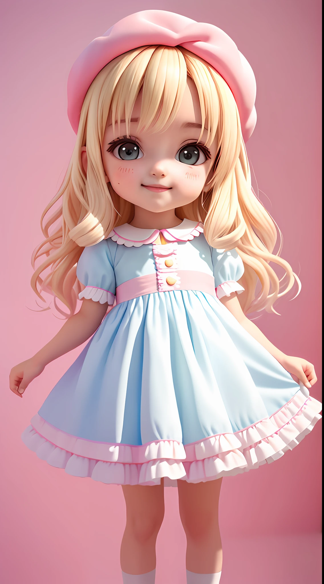 (Extremamente detalhado CG Unity 8k papel de parede, obra-prima, melhor qualidade, super detalhado), (cabelos loiros) (best ilumination, melhor sombra, extremamente delicado e bonito), flutuando, cabelo de rabo  full body cute child, feliz,  blond hair pet, bonnet, cupcake, pastel hues. Vestido rosa