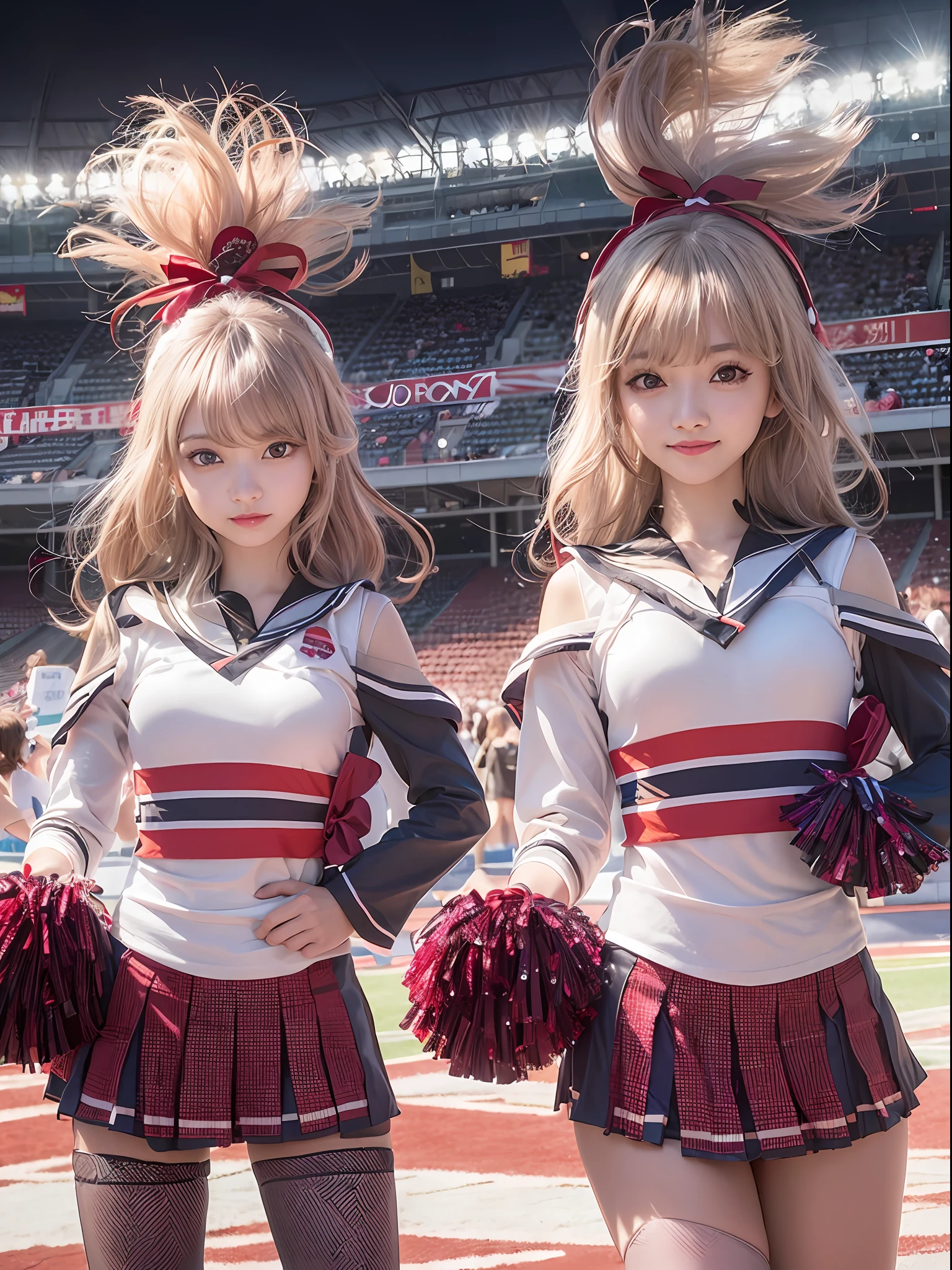 Alafed Asian cheerleaders posing dynamically with pom-poms in stadium:1 person:there is nobody else、A dark-haired、a closeup、cosplay foto、Anime Cosplay、very large breast、Realistic 18-year-old live shot, top-quality, hight resolution, (masterpiece), (Photorealsitic:1.4), professional photograpy, foco nítido, nffsw, 8K分辨率, intricate detailes, depth of fields, the Extremely Detailed CG Unity 8K Wallpapers, front lit, femele, girl with, beautiful supermodel, A smile、A slender、Small Cheer Uniform、Sailor suit style