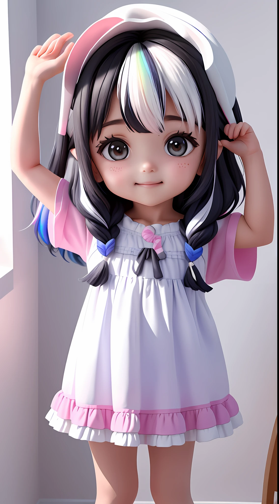 (Extremamente detalhado CG Unity 8k papel de parede, obra-prima, melhor qualidade, super detalhado), (cabelos azuis) (best ilumination, melhor sombra, extremamente delicado e bonito), flutuando, cabelo de rabo  full body cute child, chiquinha, feliz,  black hair pet, Rainbow