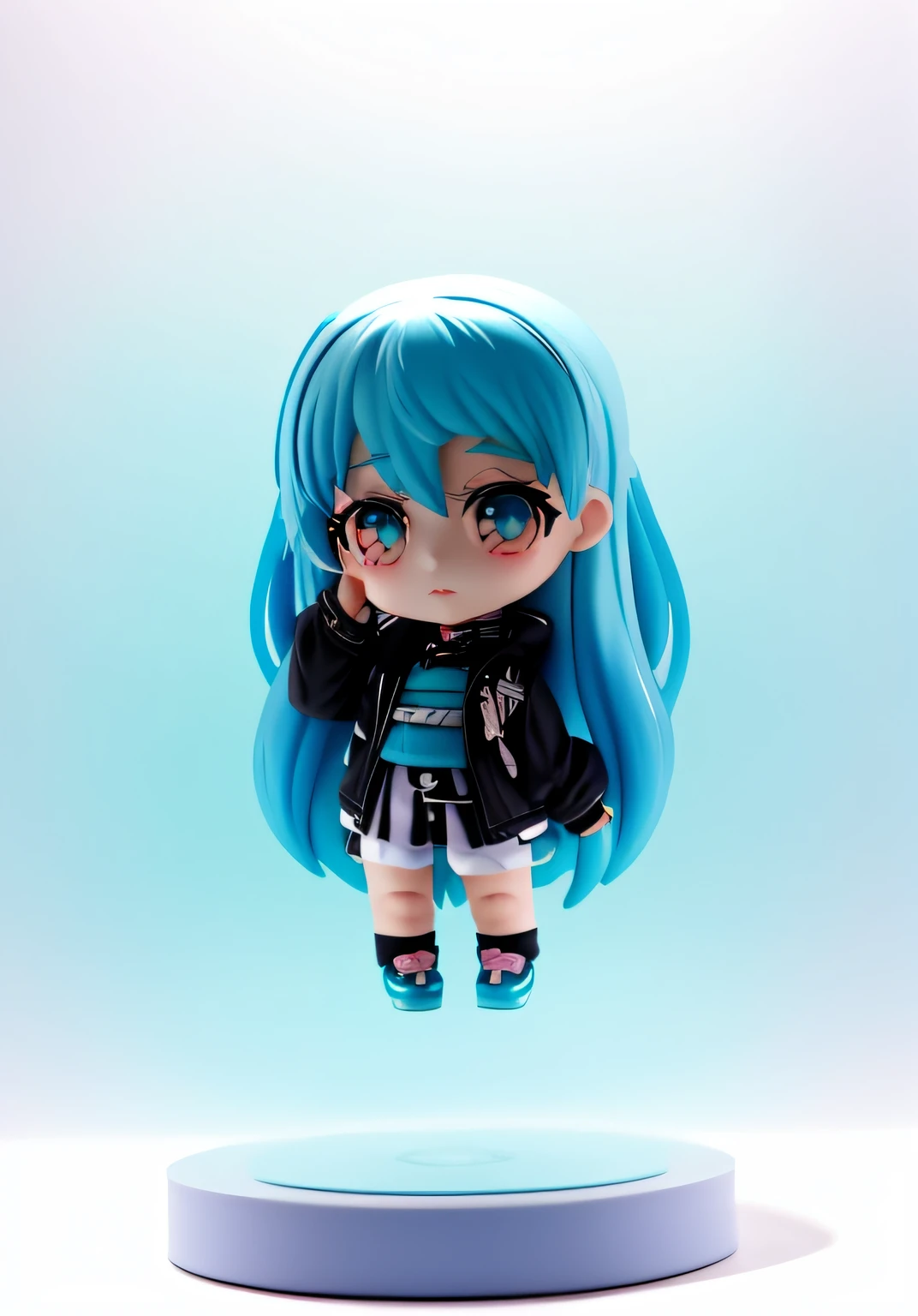 Anime girl with blue hair and black jacket, Anime girl with teal hair, , mikudayo, style as nendoroid, Chibi anime girl, anime moe art style,  chibi girl,  visual novel sprite, Kantai collection style, chibiStyle, up of young anime girl