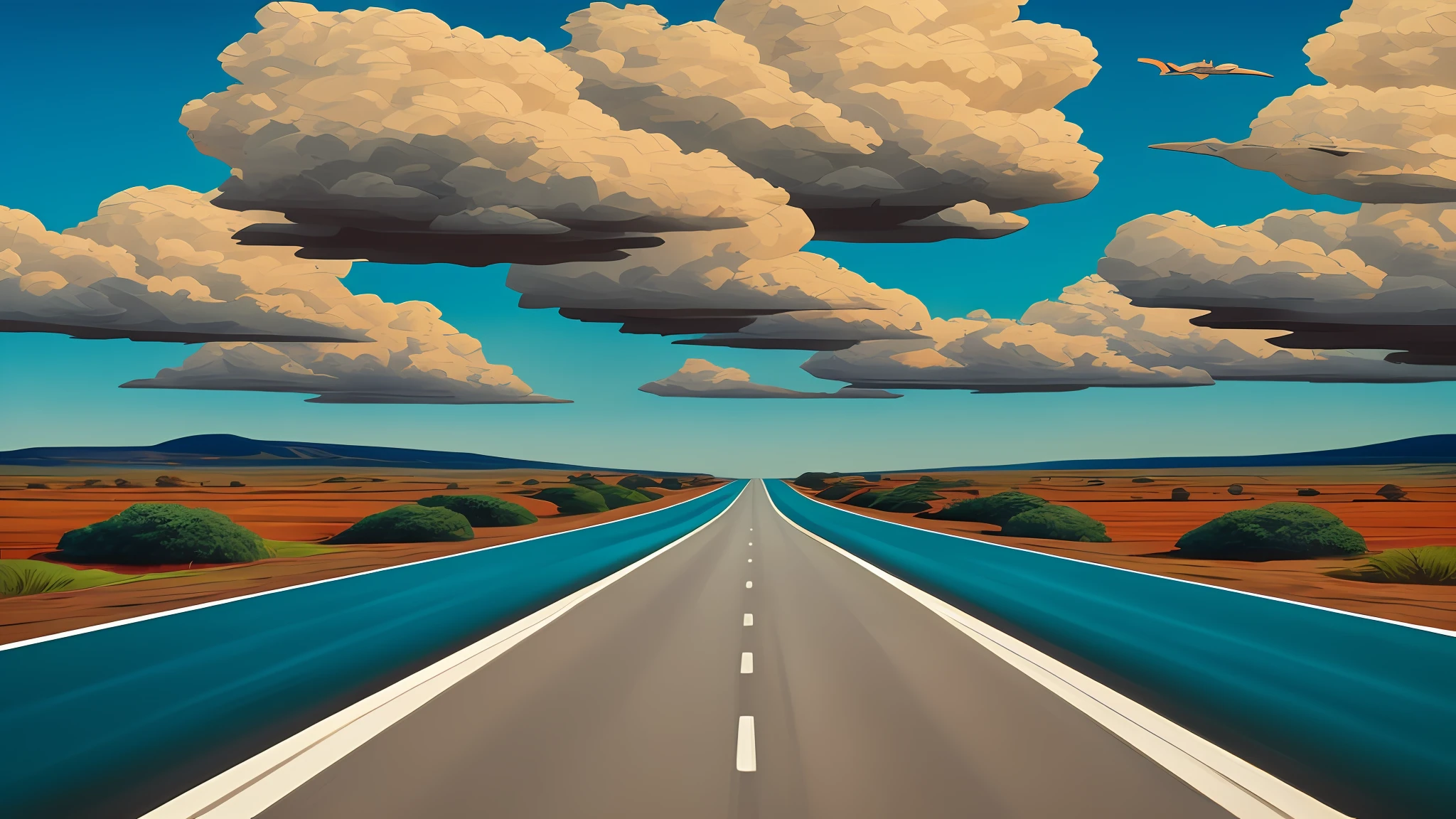 digital art car illustration drawing, in the style of oil paintings, azul turquesa e marrom perolado claro, UHD 32k, naja, Vibrando, cenas exageradas, Scenes of a road and the horizon ahead