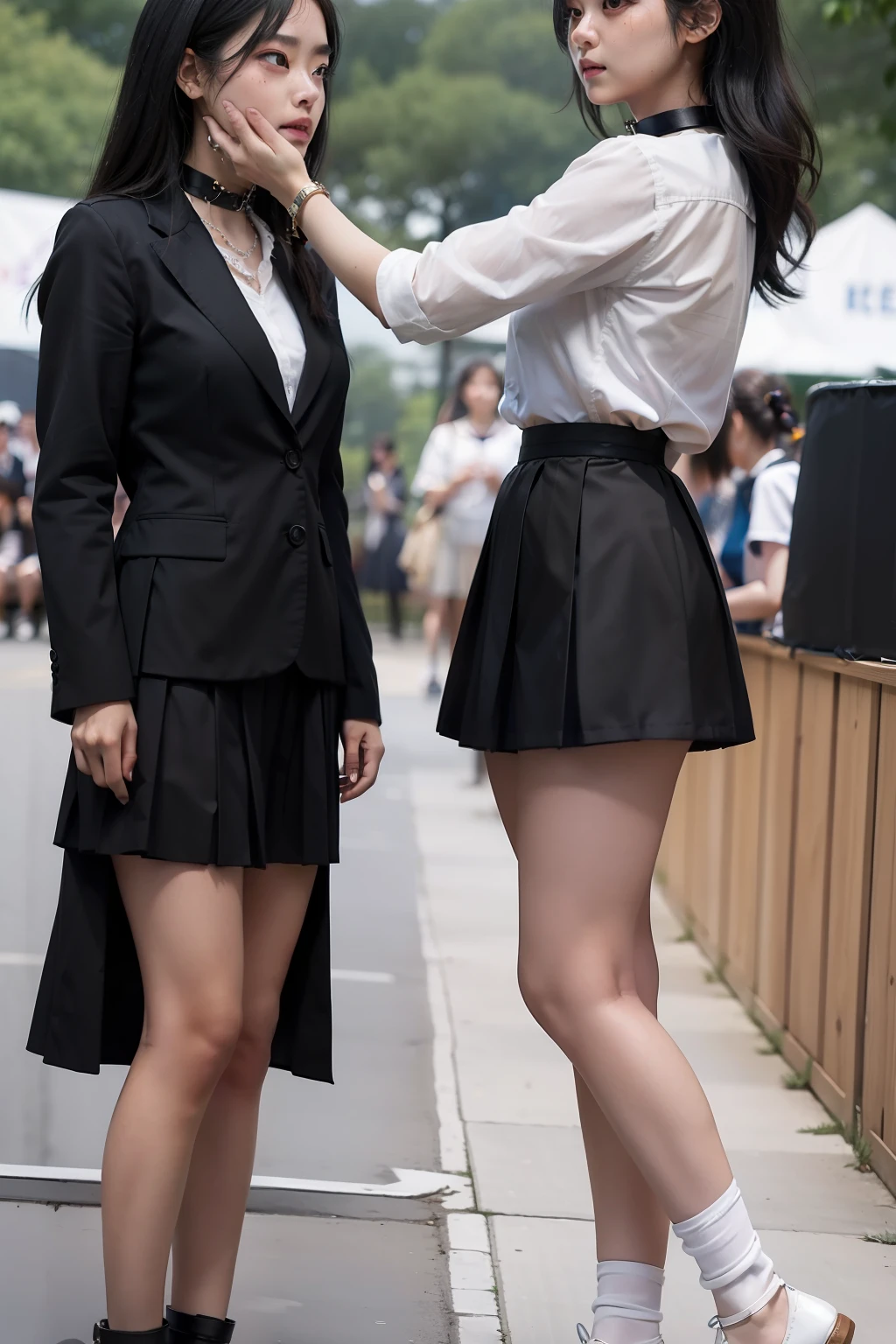 The highest quality shooting 、White lace panties 、(((Two Women)))、 Thin rope、Tying up the body 、 (((Black collar))) 、 Skirt Roll Up 、 Two Women、White School Uniform、(((audience))) 、a sailor suit 、Dark blue pleated skirt 、Medium length pleated skirt 、student clothes 、 Collar with a leash 、Cowboy Shot 、is crying 、Portraits are prohibited 、blushed face 、 at the sunset 、field day 、Cultural Festival 、Man's Festival 、An amusement park 、(((audience))) 、 A dark-haired 、Low angle full body photo 、Sad look、 Black hair, shining beautiful skin , Sweat, collar and chain accessories, beautiful black pupil and hair, Detailed expression , beautidful eyes
