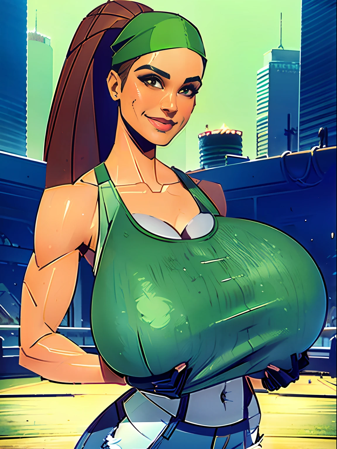 1girl, short busty petite brunette comic book woman, gorgeous face, masterpiece, beautiful, high quality, high definition, superb quality, highly detailed, insane detail, hands on hips, happy, smiling, sexy pose, hand on hip, long hair, huge ponytail, slim, thin, athletic, womanly, rubbery, elastic woman, (((jacket and tank top)), olive-colored jacket, pale green tank top, blue jeans, do-rag, do rag, tight tank top), rubber body, brunette, (((gigantic breasts, gigantic boobs, massive tits, slim waist, overflowing breasts, too big for her top))), city, soft lighting, natural lighting, natural color, heroic, cheerful, (bold nose, hawkish facial features),