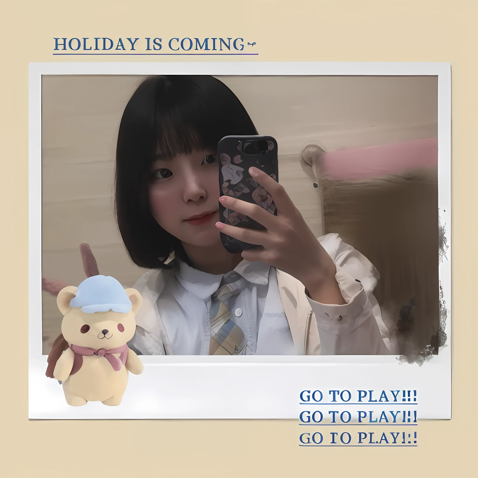 there is a woman taking a picture of herself with her phone,, profile picture 1024px, seasons!! : 🌸 ☀ 🍂 ❄, delight, Holiday, Gemma Chen, 👰 🏇 ❌ 🍃, album covers!, Playing, 🤬 🤮 💕 🎀, style as nendoroid, 最好质量，There is a border，Short hair