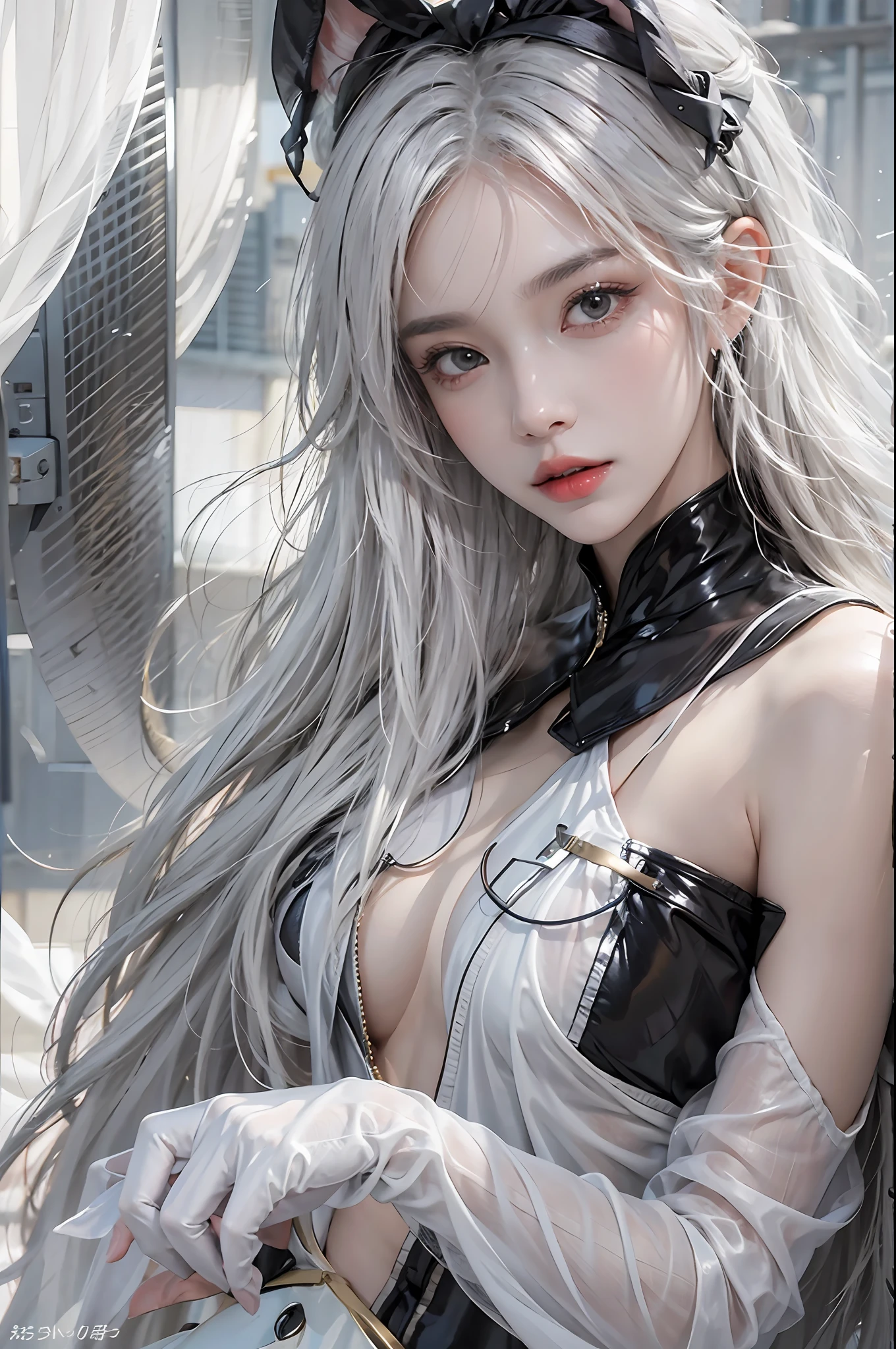 photorealistic, high resolution, 1women, solo, hips up, look at viewer, (detailed face), white hair, long hair, black reverse bunnysuit