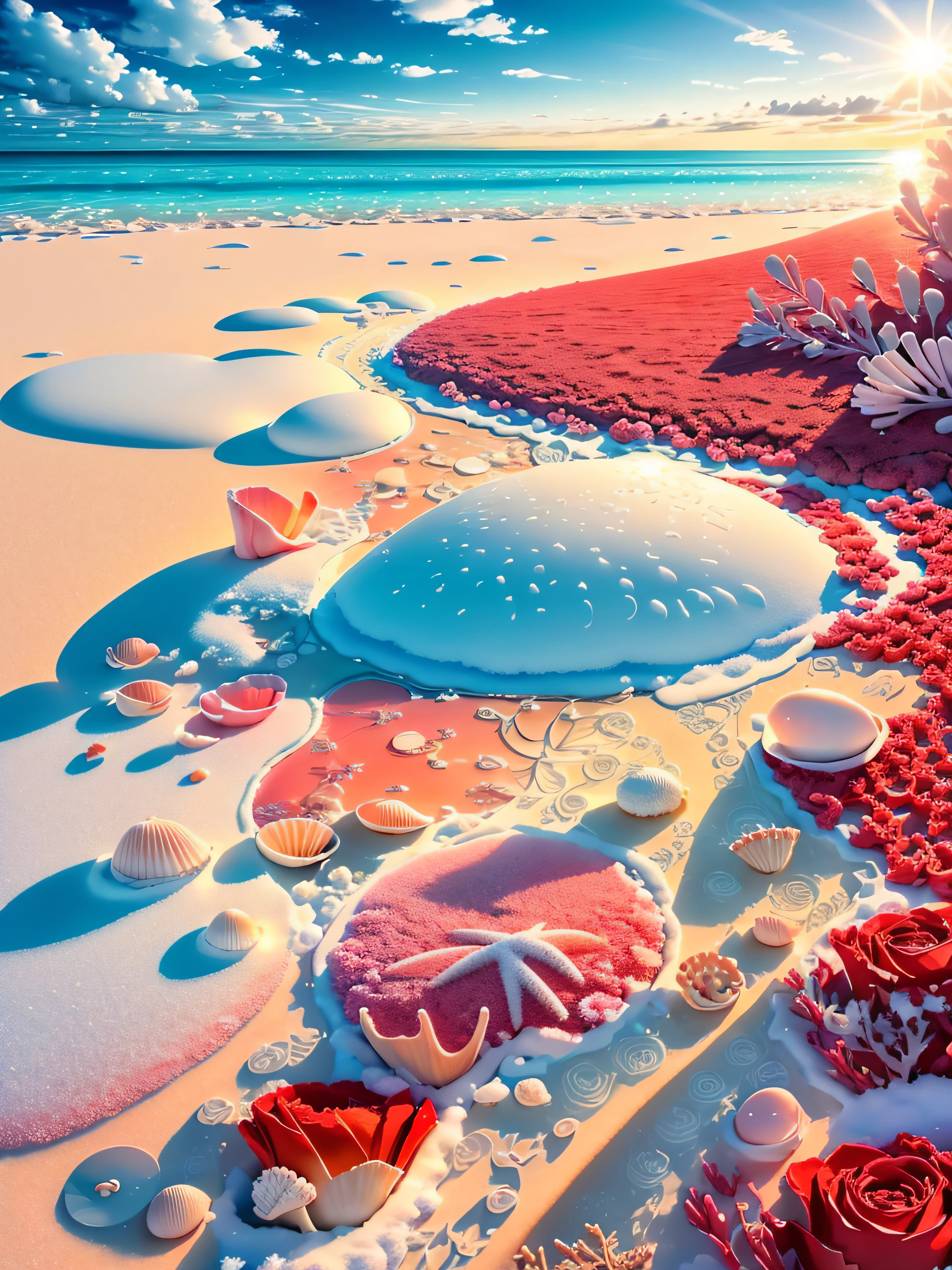 delicate scene,depth of field, 8K, The ivory sky,white clouds,and sunlight shine on the snow-white beach. The coral sea,and many colorful tinny shells on the beach,red roses, roses focus,