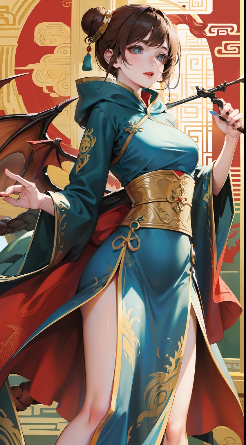 Adult woman, brown hair in bun, dragon horns, blue eyes, red chinese dress, cloak, spear, dragon, Gold inserts, red lipstick, Masterpiece, hiquality