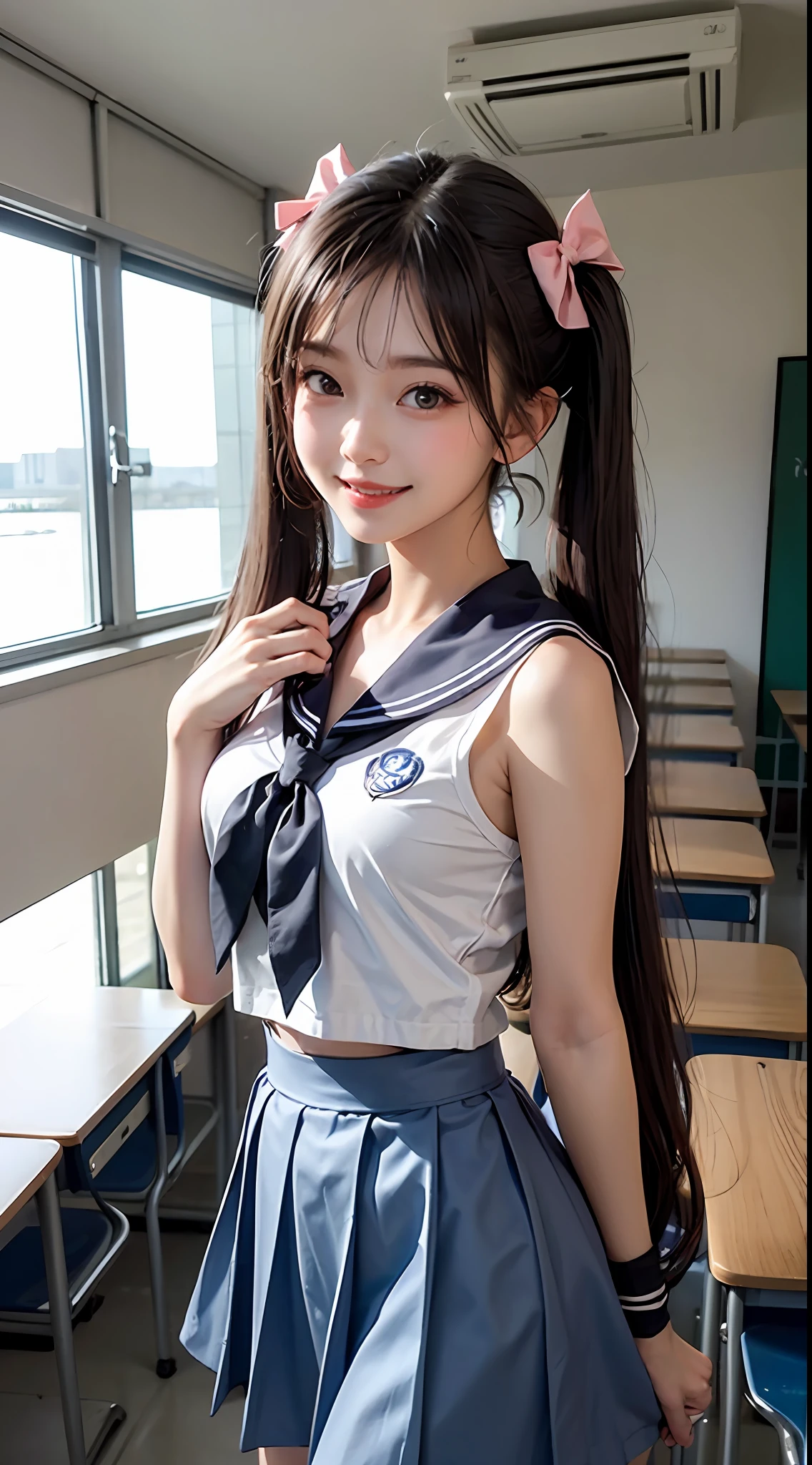 classroom,1girl,twintails,Black hair,Flying,White sailor suit and blue skirt,pink bows,16-year-old female model,smile,
