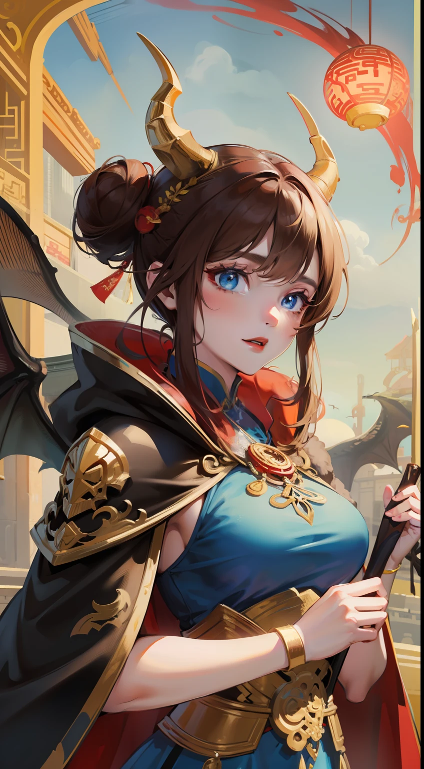 Adult woman, brown hair in bun, dragon horns, blue eyes, red chinese dress, cloak, spear, dragon, Gold inserts, red lipstick, Masterpiece, hiquality