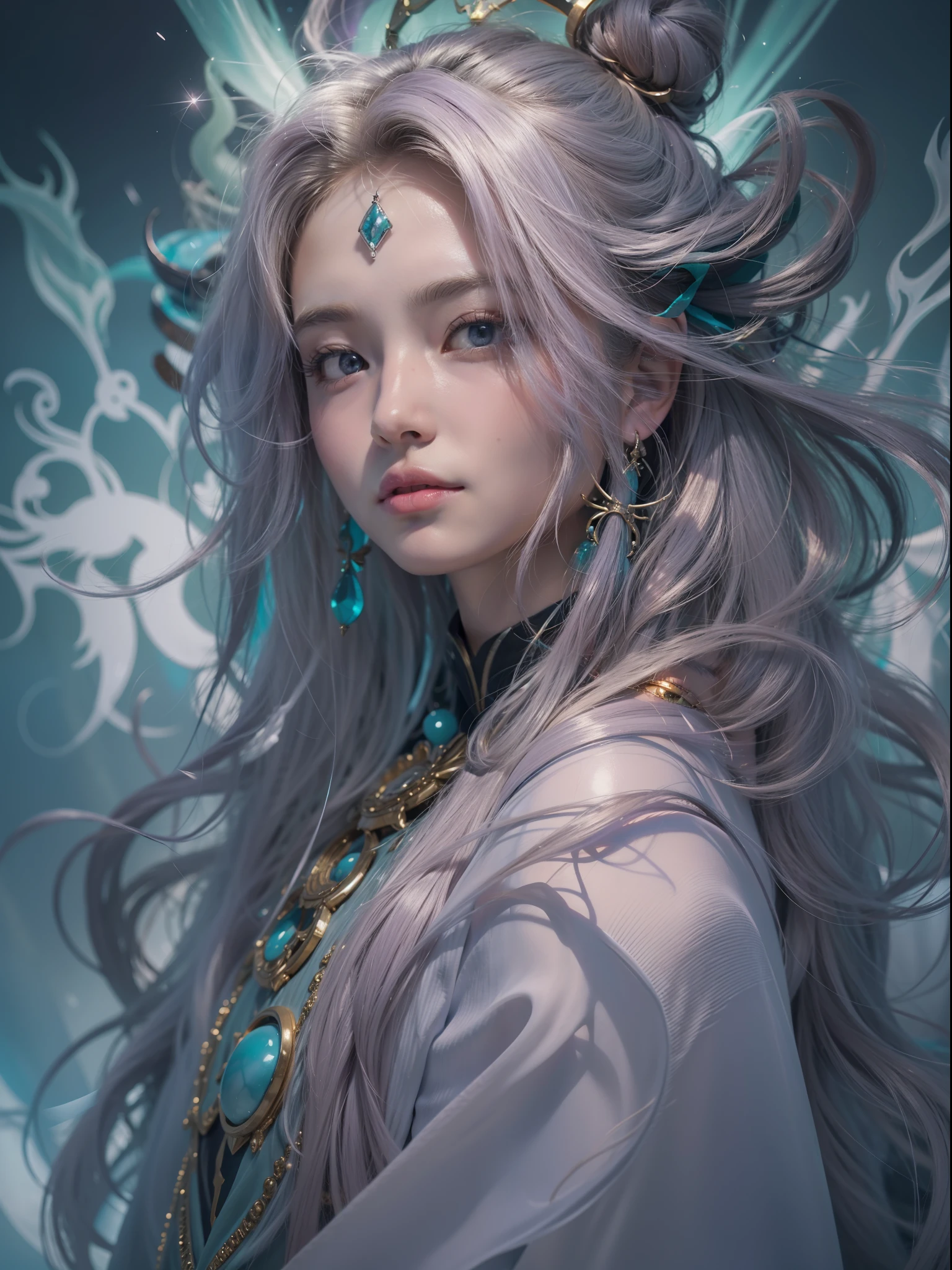 Picture quality:A masterpiece of high detail,8K,High-resolution body content:1girll,15year old,upperbody closeup, An evil smile on his face,Broad perspectives,wears a long robe,Glowing hair,A look of shock and confusion appeared on his face,Ink color fills the face like fireworks,The Ghost-colored Demon Wheel unfolded behind it,Behind him is the mysterious oversized purple chakra purple light,Countless glowing quicksand swirled around this figure,Mysterious top light,The feeling of being high,Background with:A dazzling paradise,enviroment:fanciful,Full of mystery,Buddha is filled with purple light,utopian,Bask in the breath of chaos,Hopeful,Divine piety,mystical ambiance:Mysterious and unknowable sense of light,Intense violet light,Magic beam,The fantasy of the future world is intertwined with reality,Color:Infused with ethereal hues and luminous turquoise hues,White-blue,High purity color, composition:upperbody closeup,wide angles, Style reference:Virtual Engine,The magical texture of the ghost spark,Chaotic real world