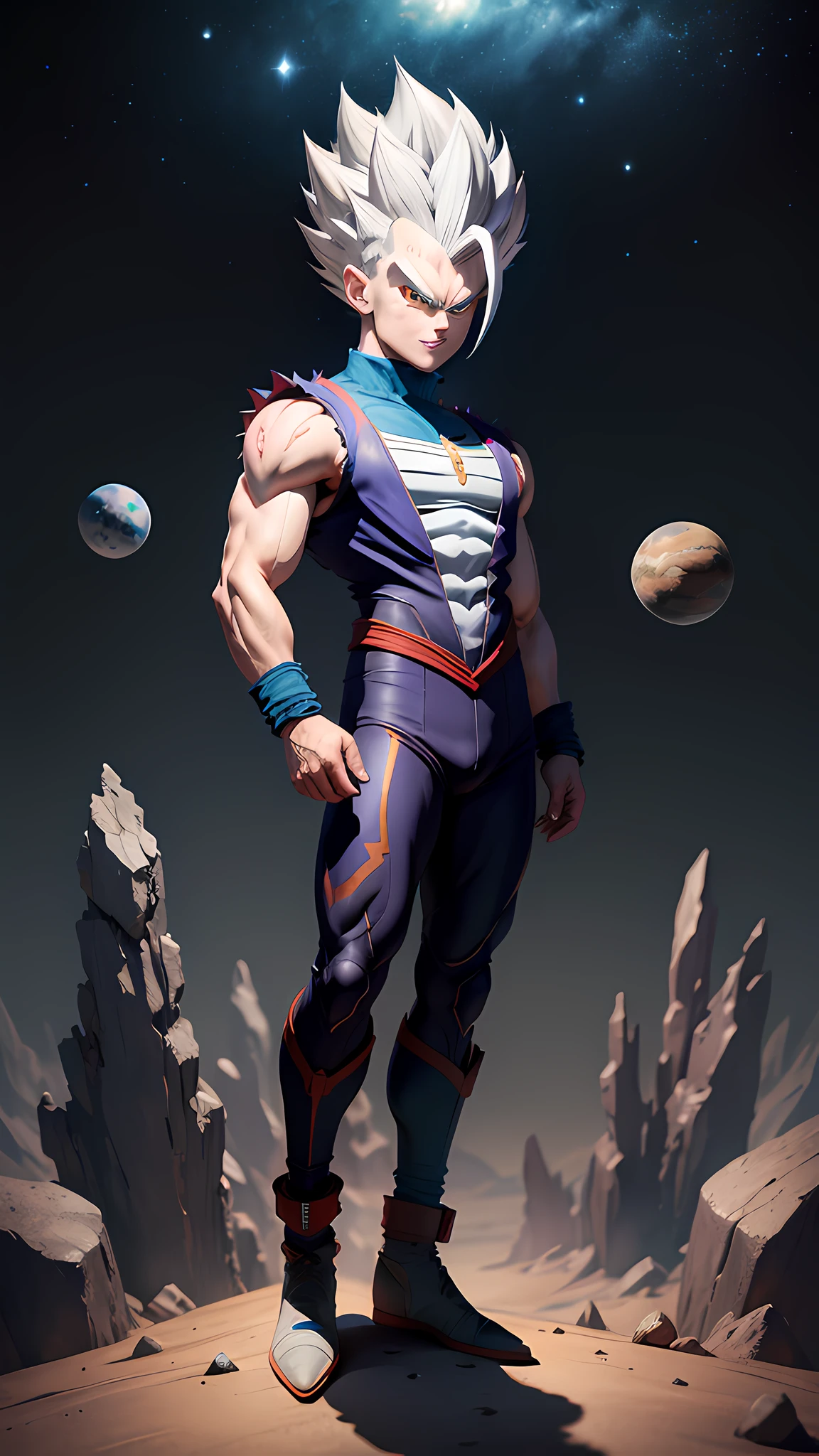 masterpiece, best quality, ultra-detailed, adusonic vegeta 1boy, solo, super sayagin 5, full body, evil smile, gray hair, spiky hair, red eyes, dougi, full body, looking at the viewer, male focus, earth \(planet\), planet, space, cracked soil and rocks rising, rubble rising,