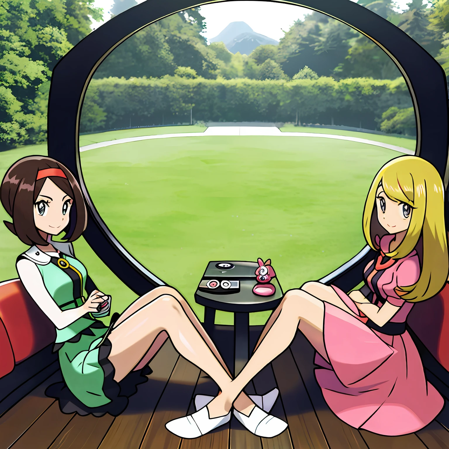 sugimori ken \(Style\), 1girll, Breasts,Serena（Pokémon），Skirt, Creatures \(co\), game freak, Gloria (Pokemon), A high resolution, Legs, view the viewer, Nintendo, offcial art, Pokemon, Pokemon \(gaming console\), Pokemon SWSH, Light smile, sugimori ken, tart \(Illustrator\), Thighs, Stand next to Pokemon \(organism\)