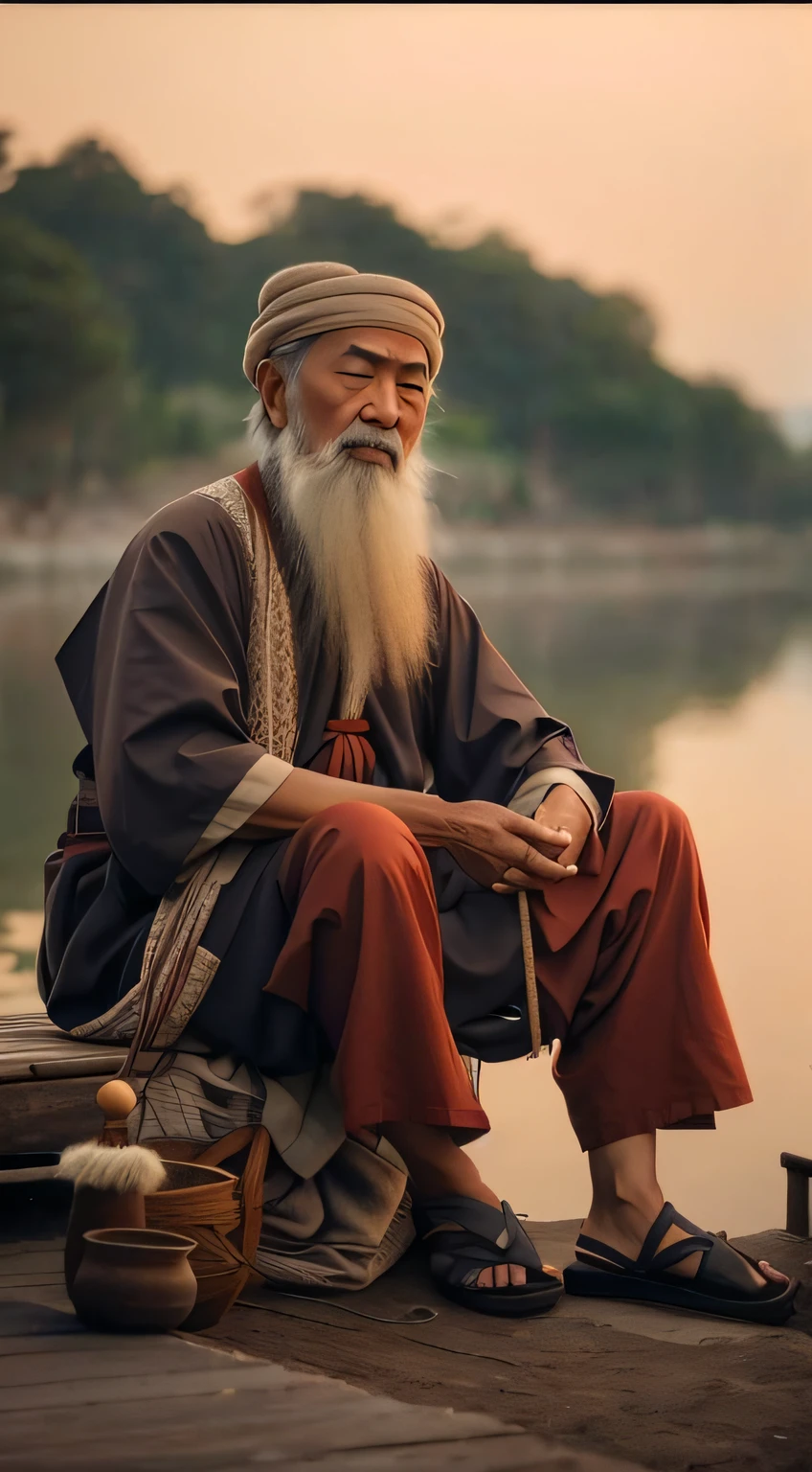 The Arafed man sits on the dock，（（（（Good hands）））, （（（（realistic hand）））），holy man looking at ground, peaceful expression, Wise old man, Taoist, wise old indian guru, Deep in thought, An old man, ancient japanese monk, Asian people, monk clothes, pensive expression, Taoist master, Daoism, Serene expression, monk meditation, asian man