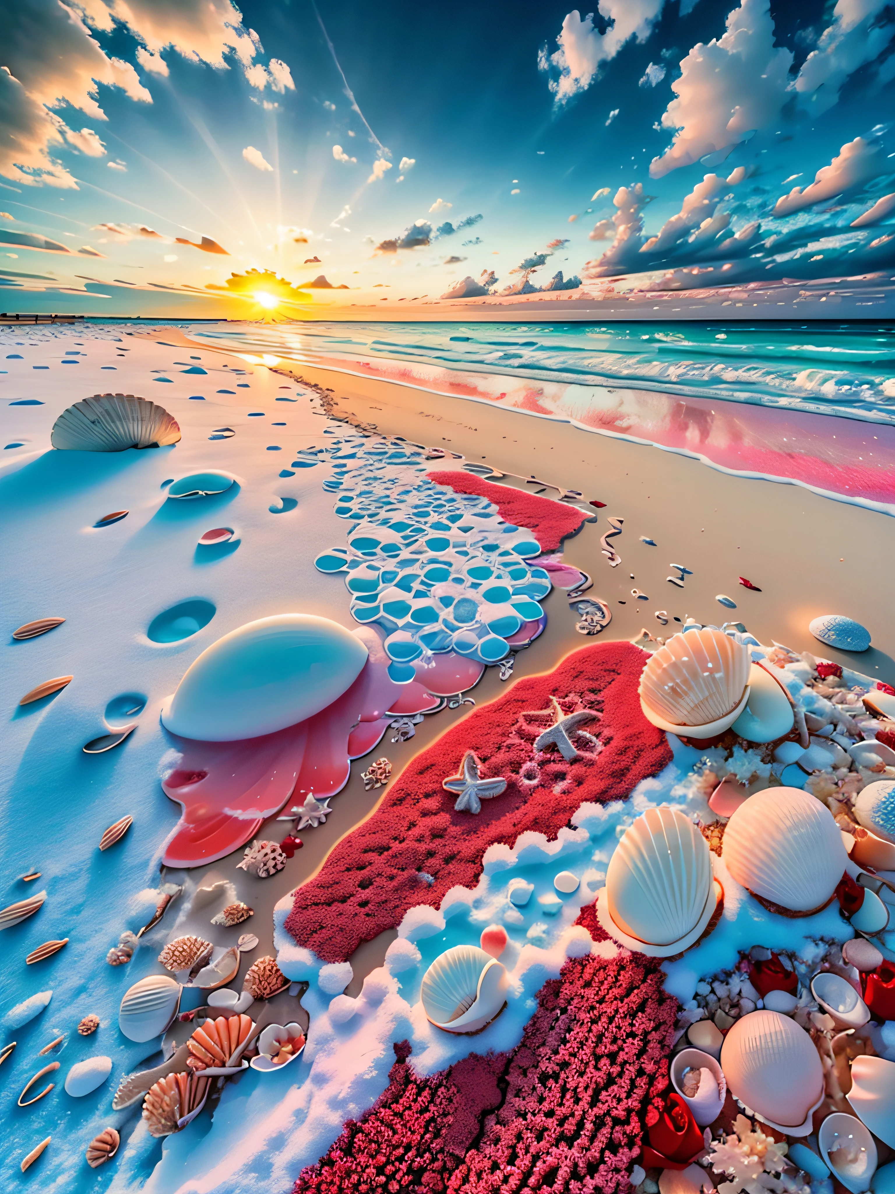 delicate scene,depth of field, 8K, The ivory sky,white clouds,and sunlight shine on the snow-white beach. The coral sea,and many colorful tinny shells on the beach,red roses, roses focus,