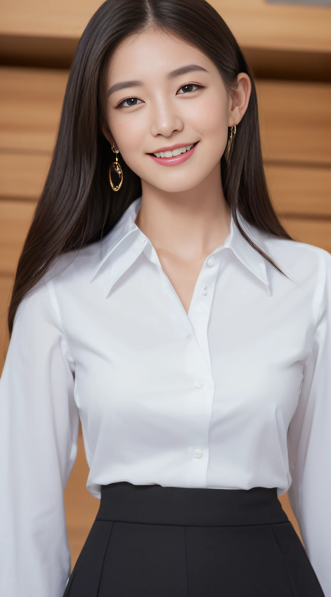 ((top-quality、8K、masterpiece:1.3))、sharp:1.2、Perfect Body Beauty:1.4、Slim abs:1.2、Big、((white shirt、business skirt:1.3))、(Classroom:1.2)、Beautiful face、Straight hair、Highly detailed facial and skin texture、A detailed eye、Aspect of looking at the camera、A smile