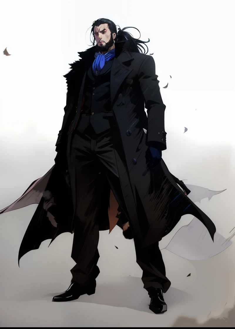 anime, man, british black suit, black overcoat, long ponytail hair, tiny beard, a blue scarf in neck