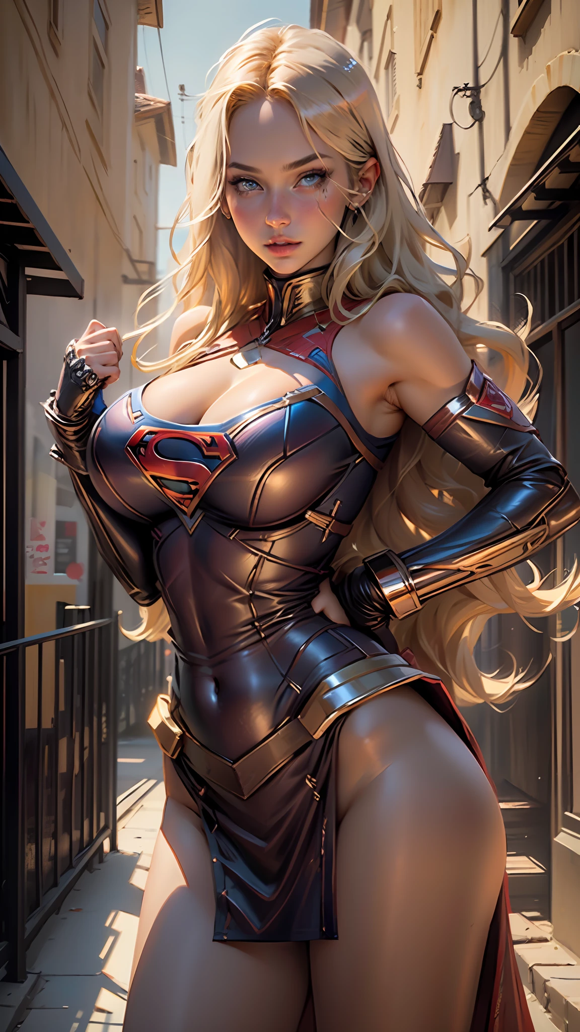 (best quality)), ((masterpiece)), ((realistic)), (detailed), detailed face,supergirl Beautiful woman (20 years old, long blonde hair, blue eyes) defined body, detailed, using tube dress supergirl suite,((( huge breasts)))