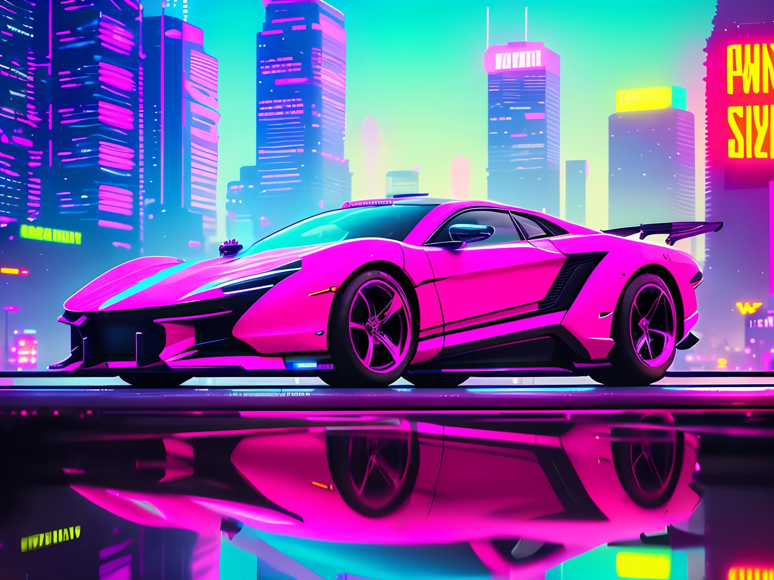 swpunk, synthwave, paint splatters, (extremely detailed 8k wallpaper), a medium shot photo of a futuristic concept car parked in an elaborate cyberpunk city, ray tracing, detailed reflections, Intricate, High Detail, dramatic, best quality masterpiece, photorealistic, detailed, 8k, HDR, backlighting, bloom, light sparkles, chromatic aberration, sharp focus
