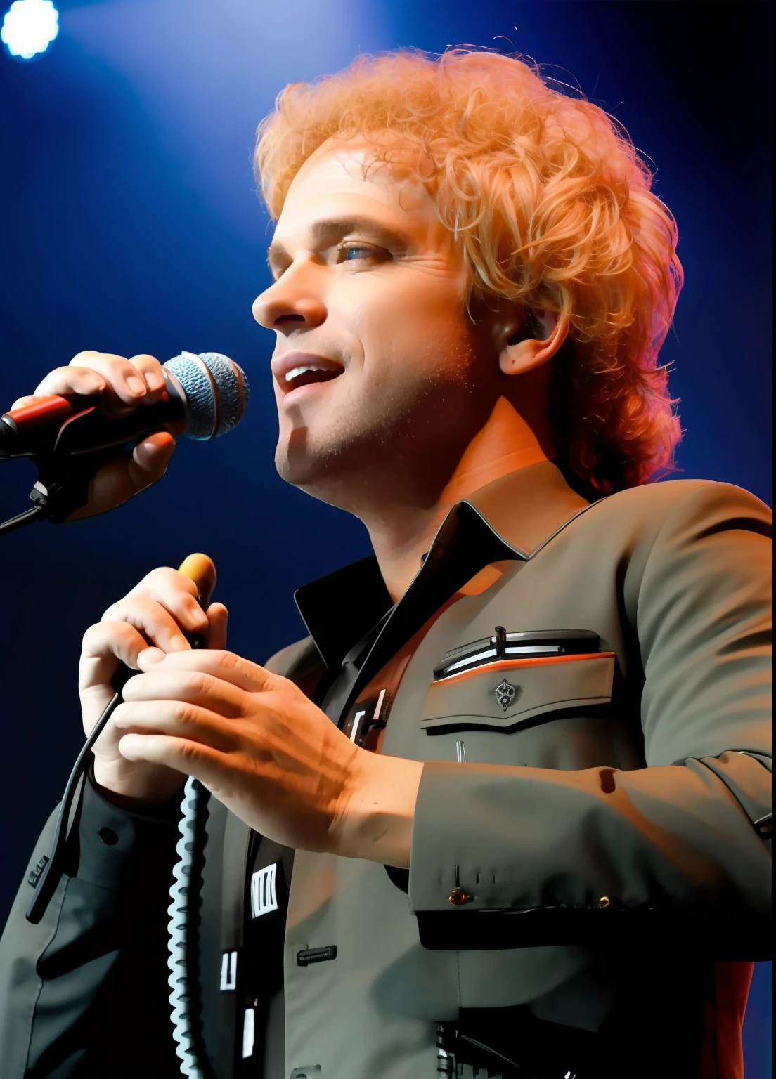 Photo of blonde man with microphone in hand on stage, ousado, cores vivas, luzes de azuisno fundo