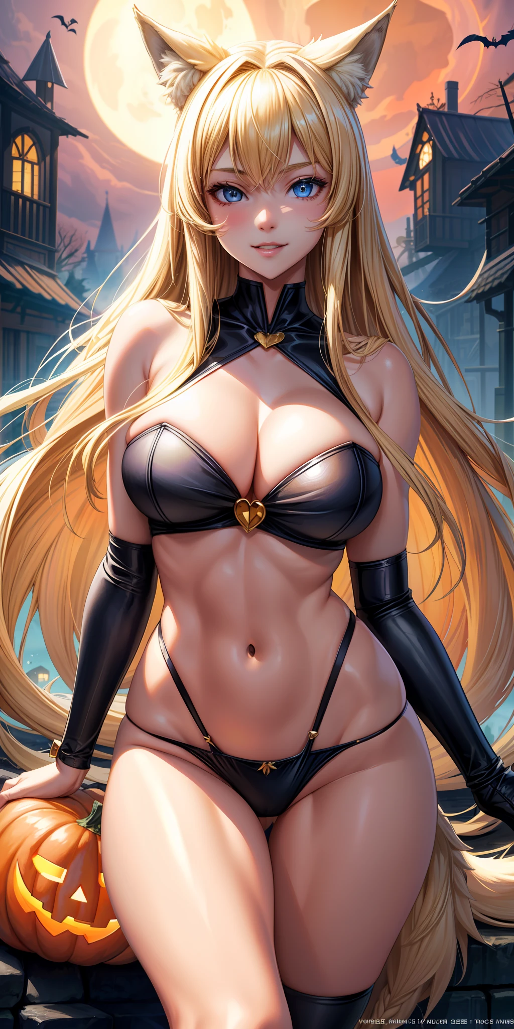 big breasts, 1girl, ((blonde hair)) ((wolf girl)) blue eyes, has an extremely sexy body, with full breasts and a thin waist, and an extremely sexy body, Halloween costume, has a bold appearance. young, quality, realistic, best quality, cute expression, shy smile, halloween, street, full moon night