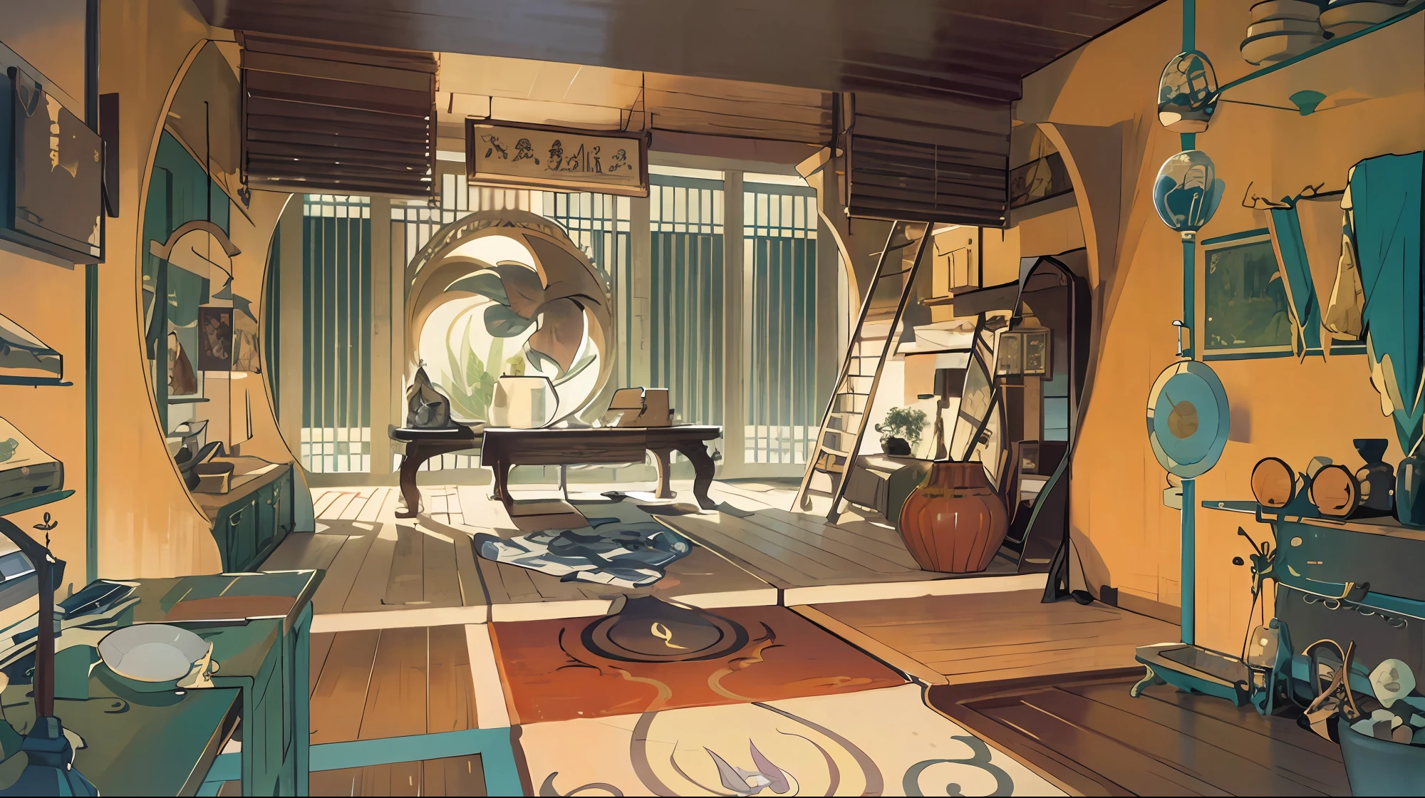 Antique interior scene with bed, table, chairs