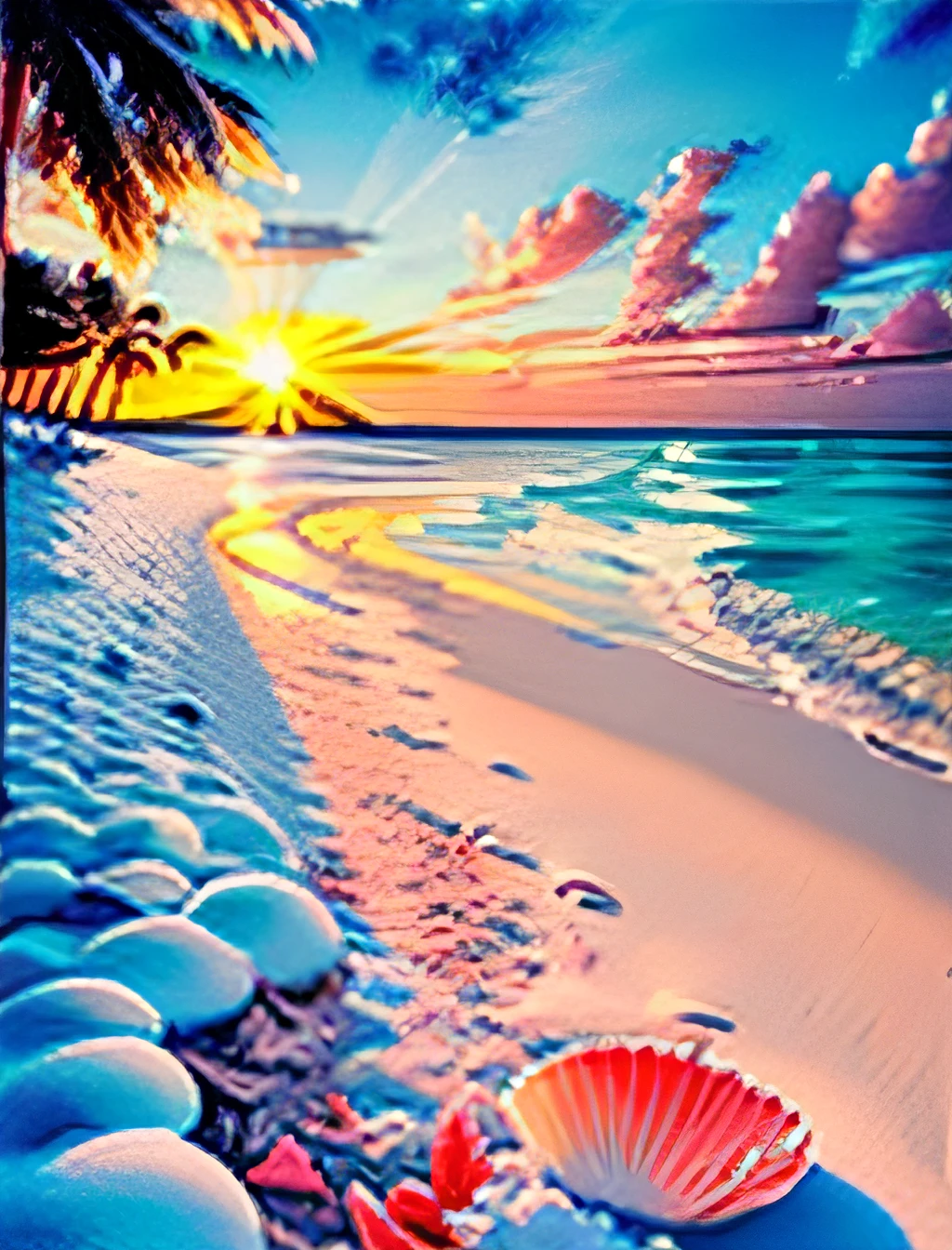 delicate scene,depth of field, 8K, The ivory sky,white clouds,and sunlight shine on the snow-white beach. The coral sea,and many colorful tinny shells on the beach,red roses, roses focus,