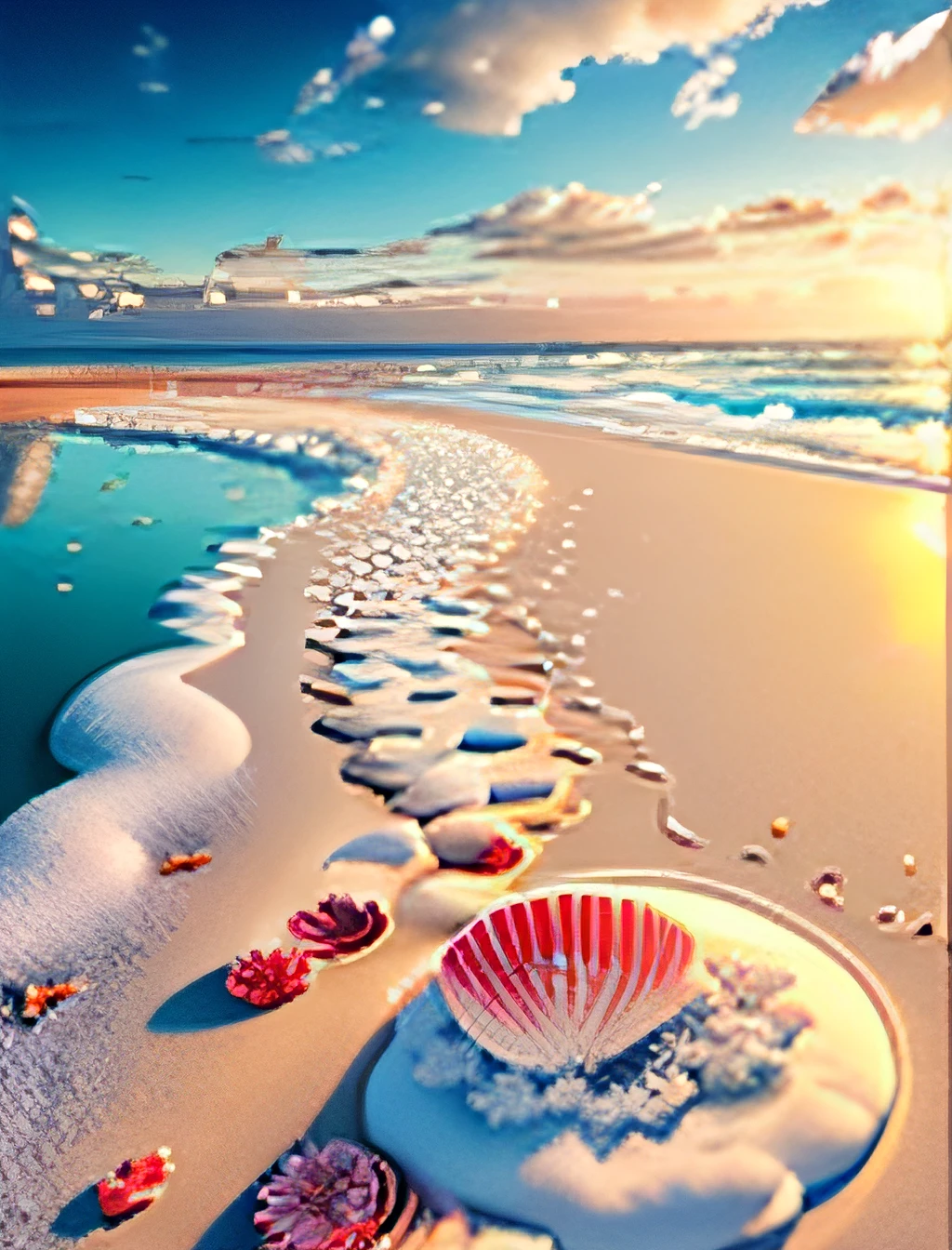 delicate scene,depth of field, 8K, The ivory sky,white clouds,and sunlight shine on the snow-white beach. The coral sea,and many colorful tinny shells on the beach,red roses, roses focus,