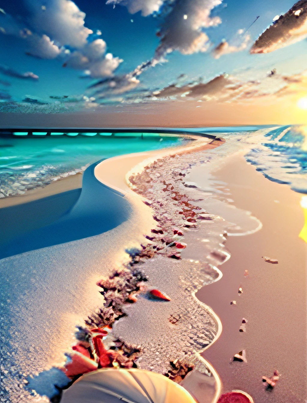 delicate scene,depth of field, 8K, The ivory sky,white clouds,and sunlight shine on the snow-white beach. The coral sea,and many colorful tinny shells on the beach,red roses, roses focus,