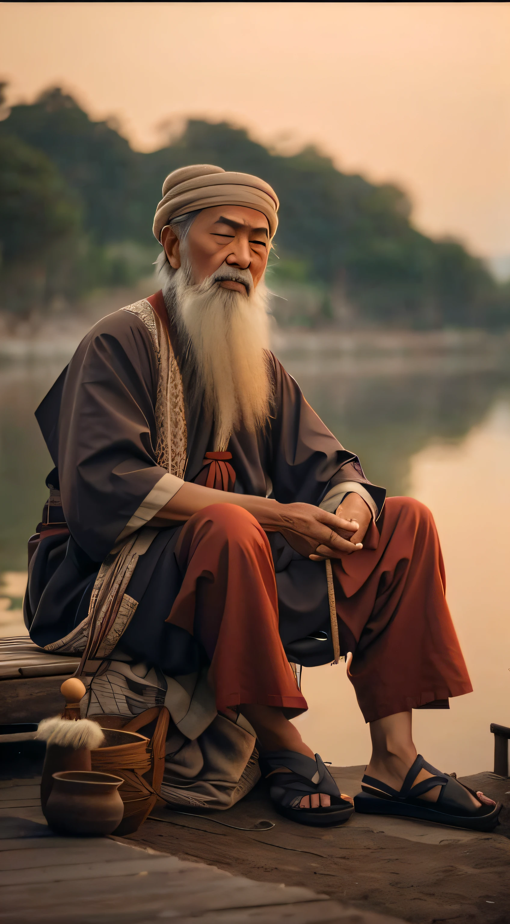 The Arafed man sits on the dock,((((Good hands))), ((((realistic hand)))),holy man looking at ground, peaceful expression, Wise old man, Taoist, wise old indian guru, Deep in thought, An old man, ancient japanese monk, Asian people, monk clothes, pensive expression, Taoist master, Daoism, Serene expression, monk meditation, asian man